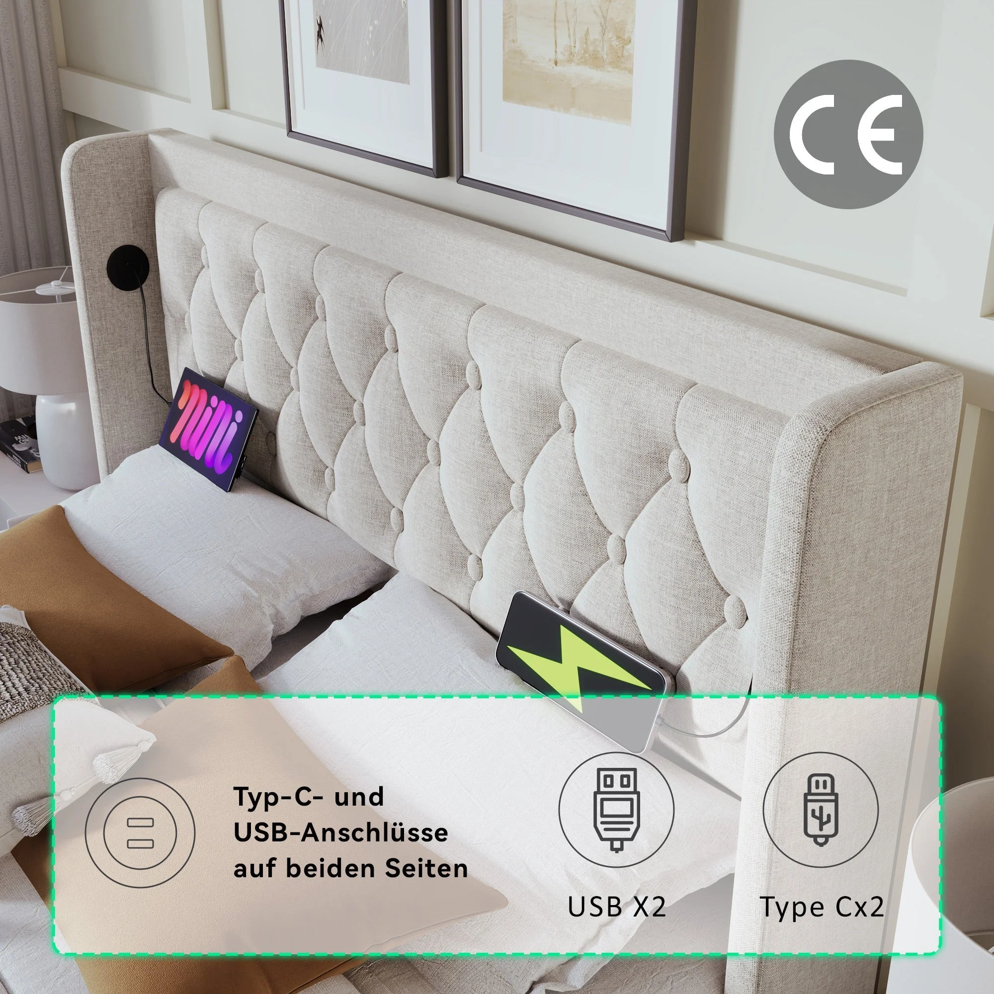 Upholstered Double Bed, 140x200cm Hydraulic Storage with LED & USB, Beige Cotton - Image 7