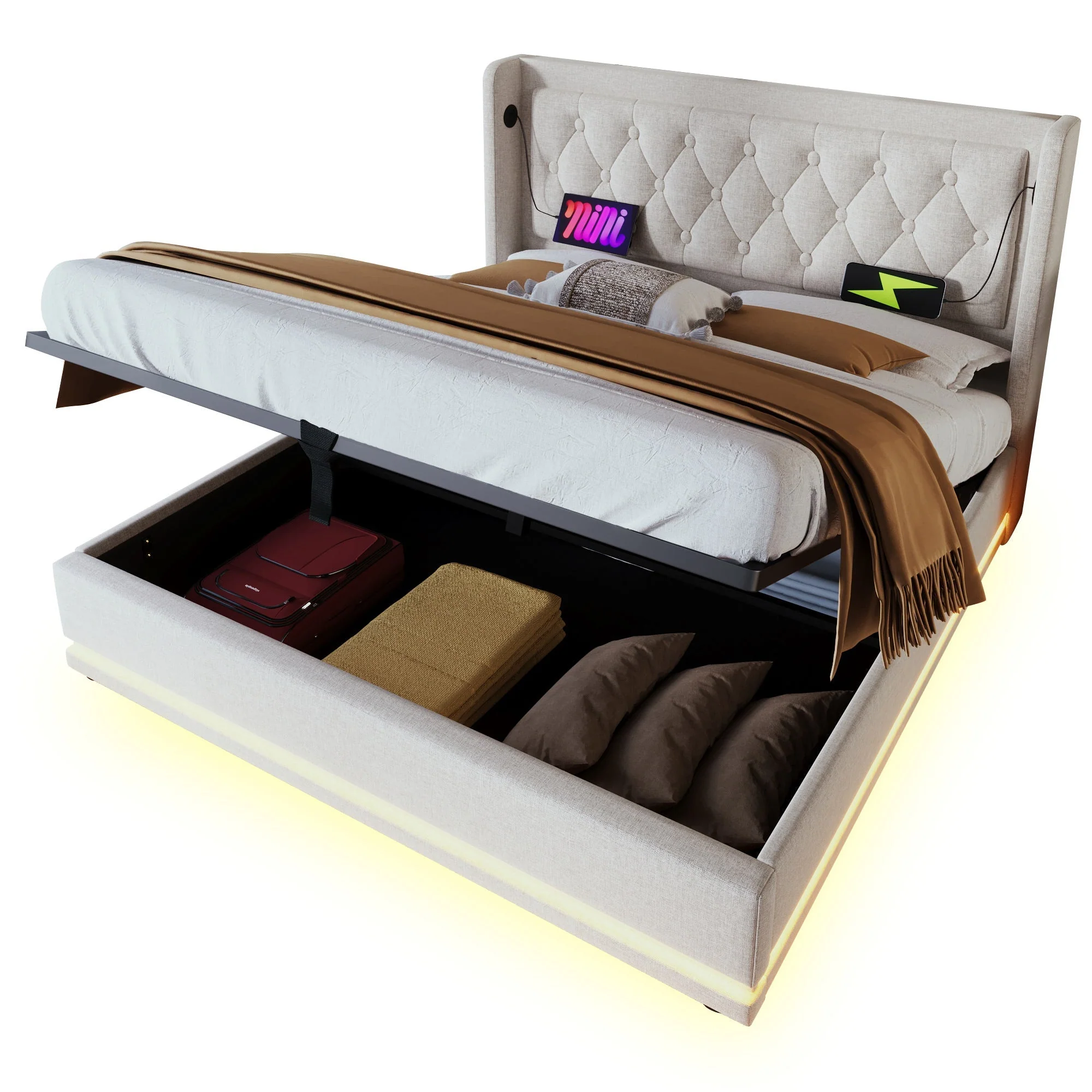 Upholstered Double Bed, 140x200cm Hydraulic Storage with LED & USB, Beige Cotton - Image 8