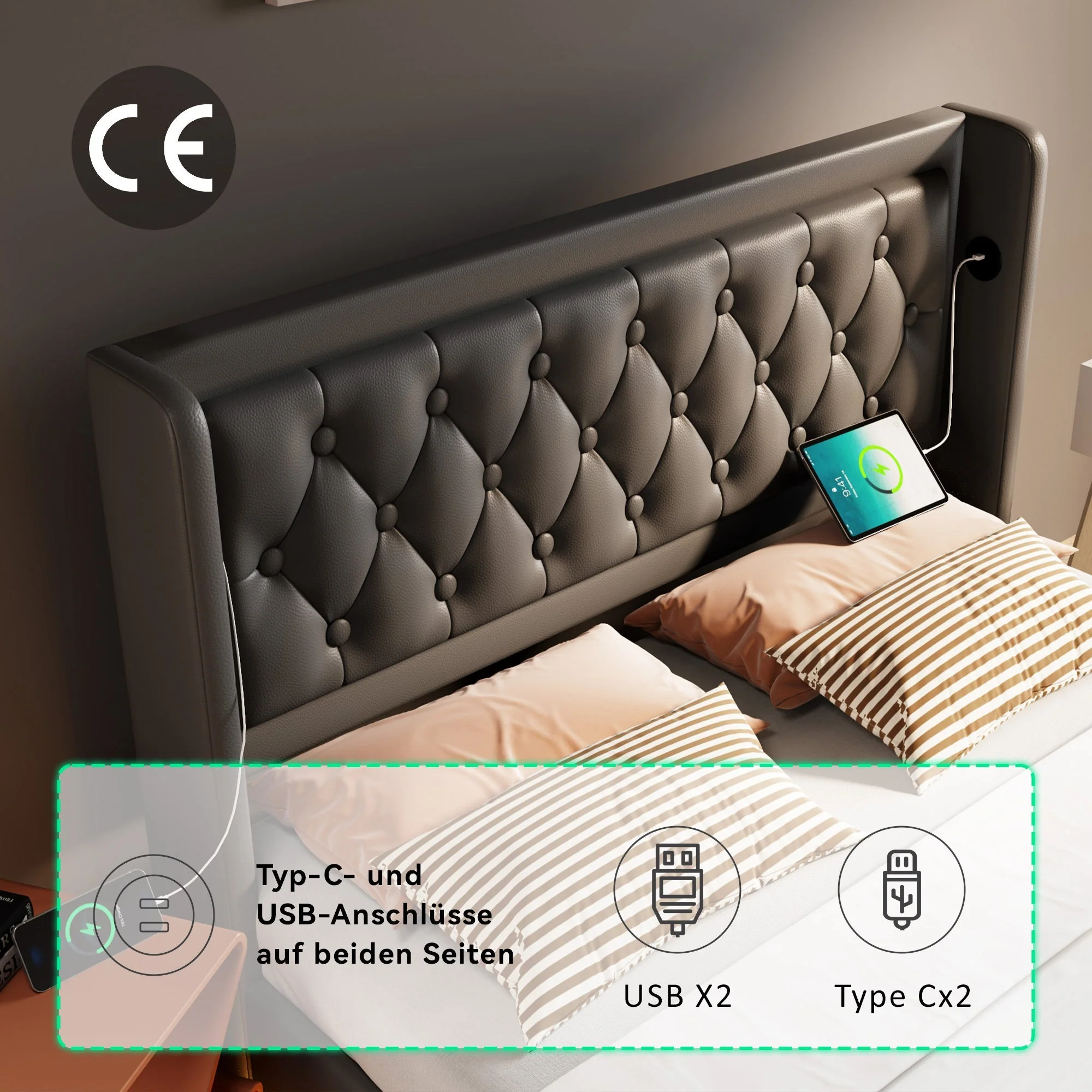 Upholstered Double Bed, 140x200cm Hydraulic Storage with USB Type-C Charging & 3-Sided LED, Black PU - Image 5
