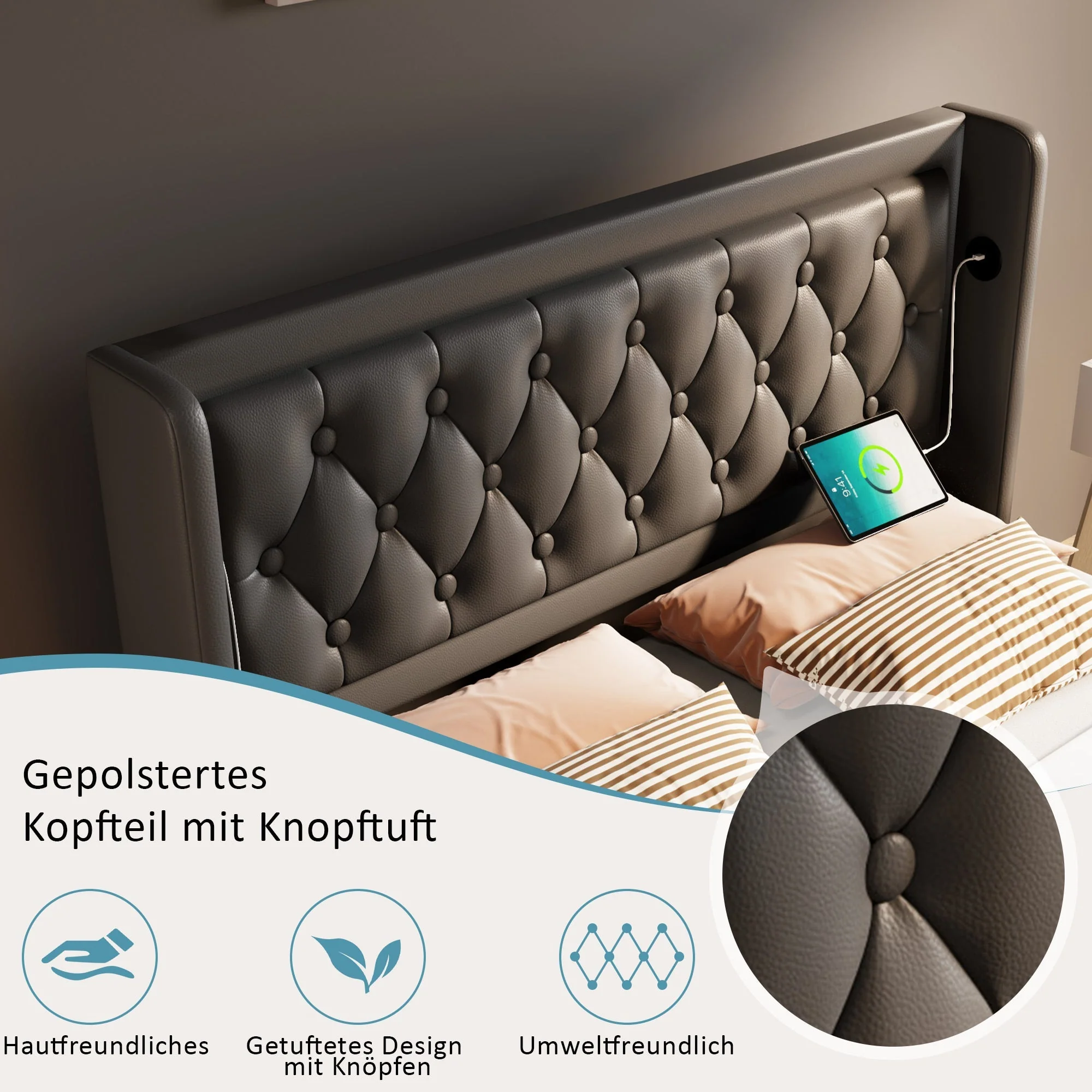 Upholstered Double Bed, 140x200cm Hydraulic Storage with USB Type-C Charging & 3-Sided LED, Black PU - Image 6