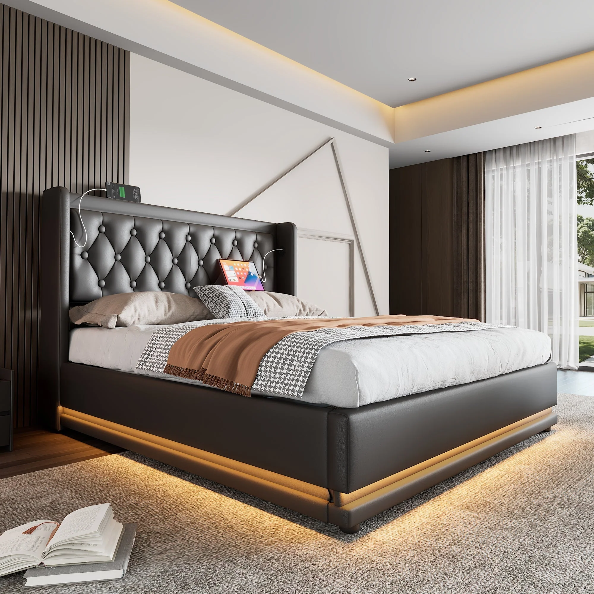 Upholstered Double Bed, 140x200cm Hydraulic Storage with USB Type-C Charging & 3-Sided LED, Black PU - Image 7
