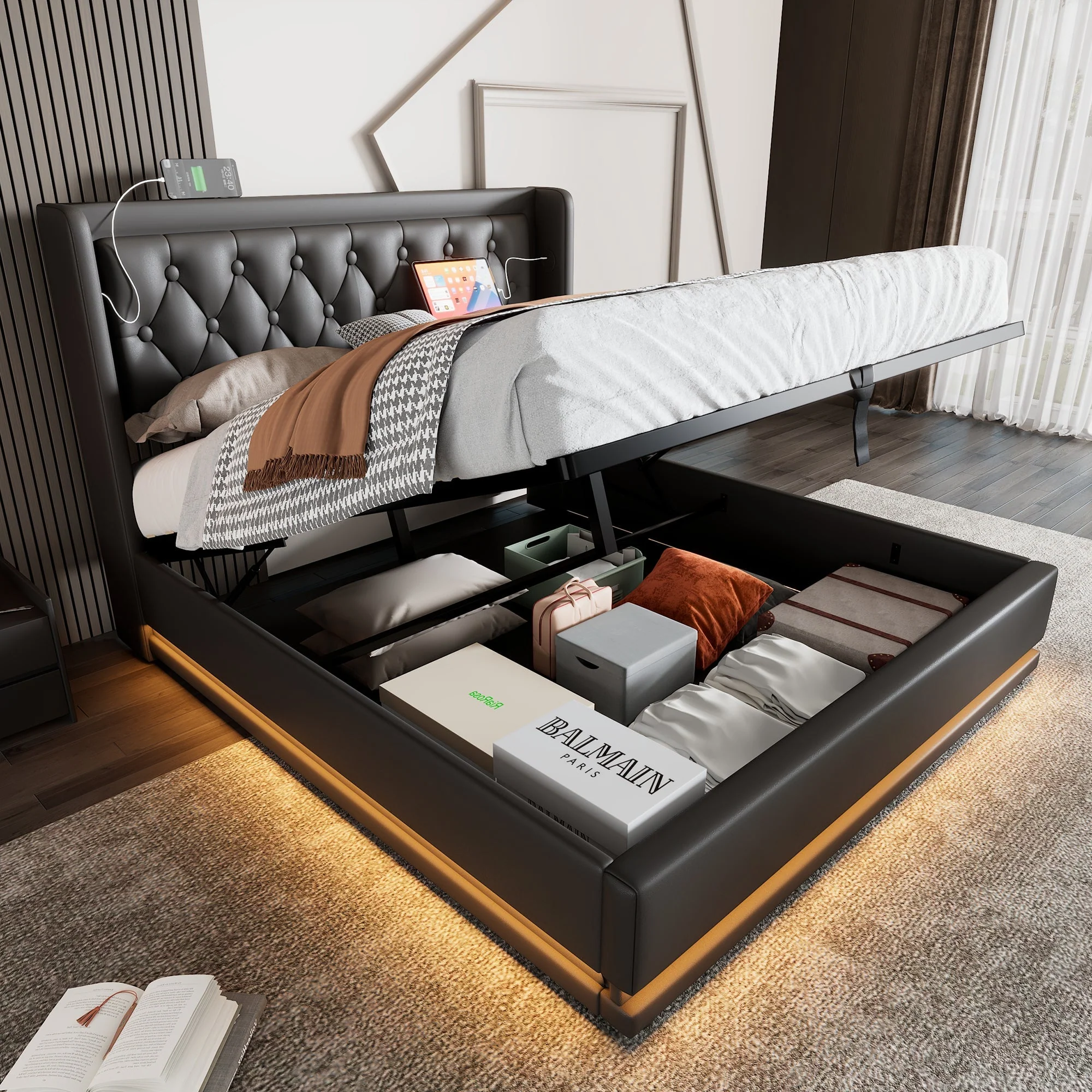 Upholstered Double Bed, 140x200cm Hydraulic Storage with USB Type-C Charging & 3-Sided LED, Black PU - Image 8