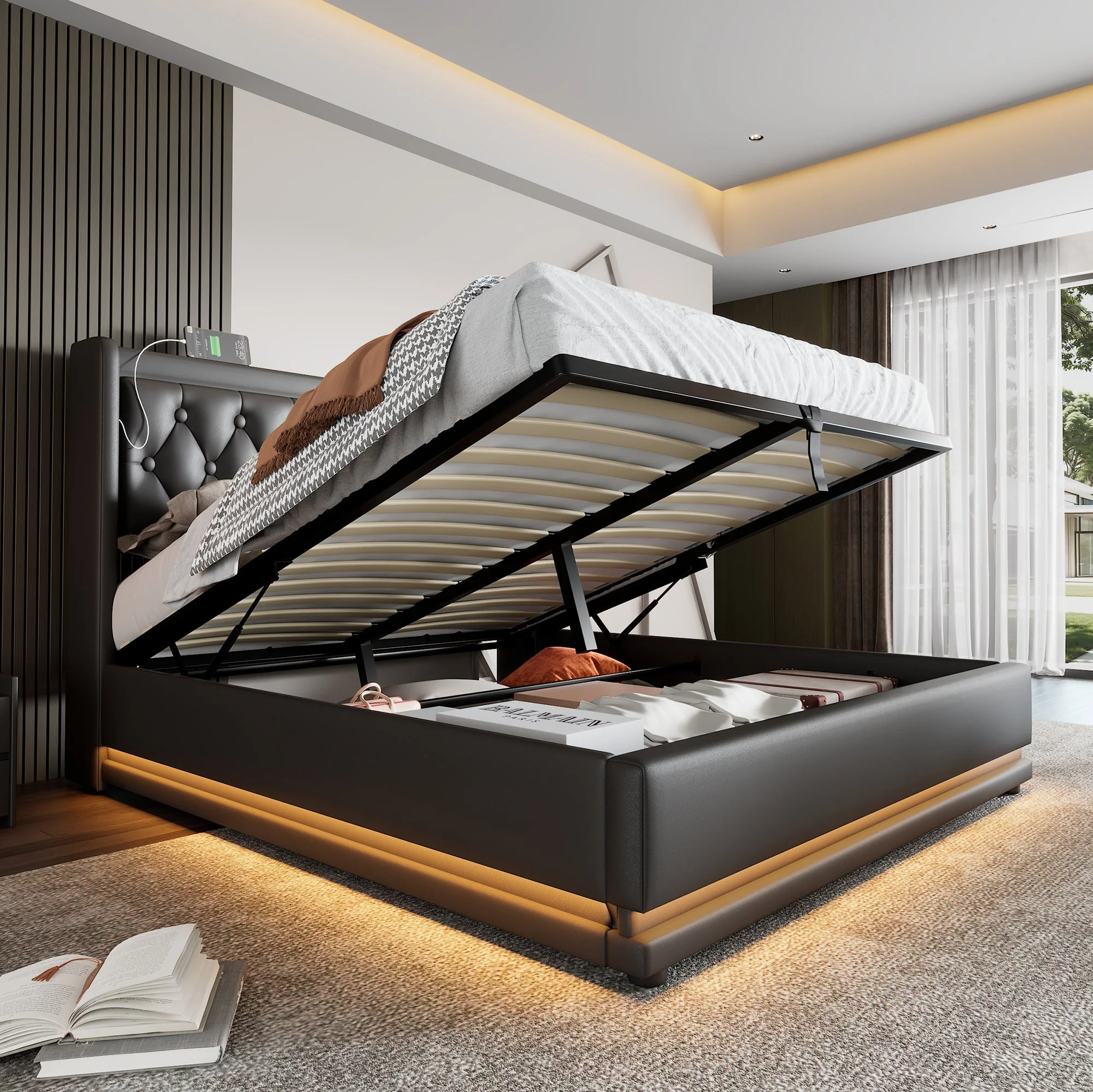 Upholstered Double Bed, 140x200cm Hydraulic Storage with USB Type-C Charging & 3-Sided LED, Black PU - Image 9