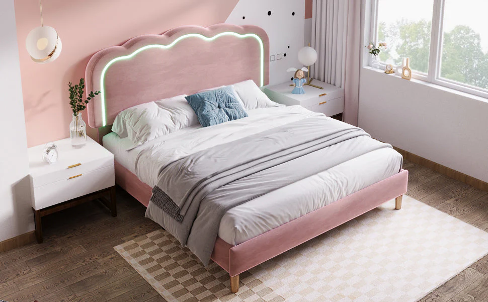 Upholstered Double Bed 140x200cm LED Adjustable Headboard Linen Material - Image 6