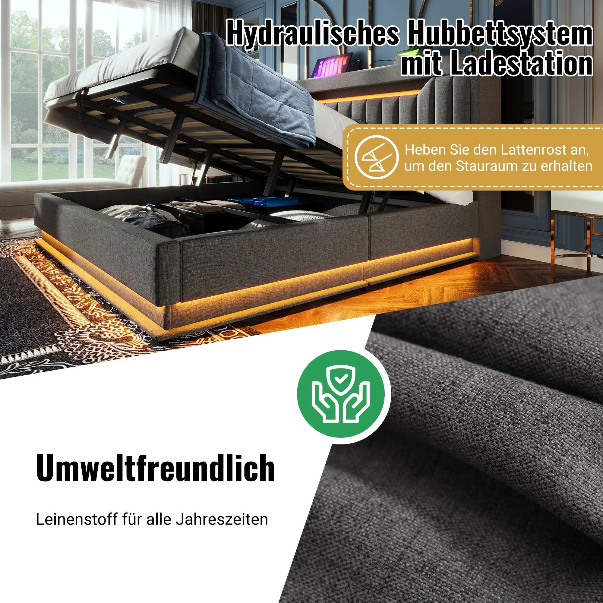 Upholstered Double Bed 140x200cm, Storage Headboard USB/Type-C, LED Lights, Hydraulic Storage, Grey Linen - Image 3