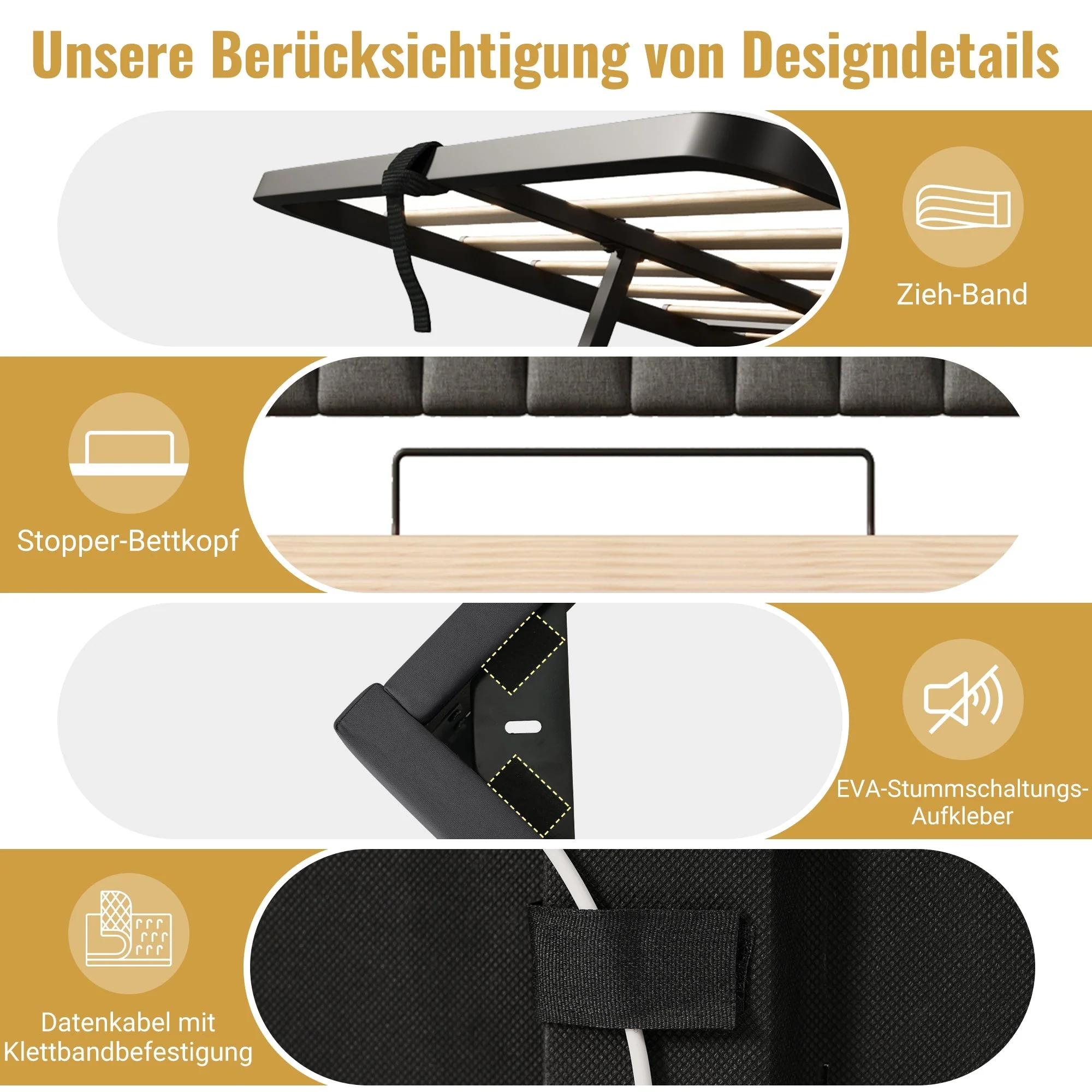Upholstered Double Bed 140x200cm, Storage Headboard USB/Type-C, LED Lights, Hydraulic Storage, Grey Linen - Image 7