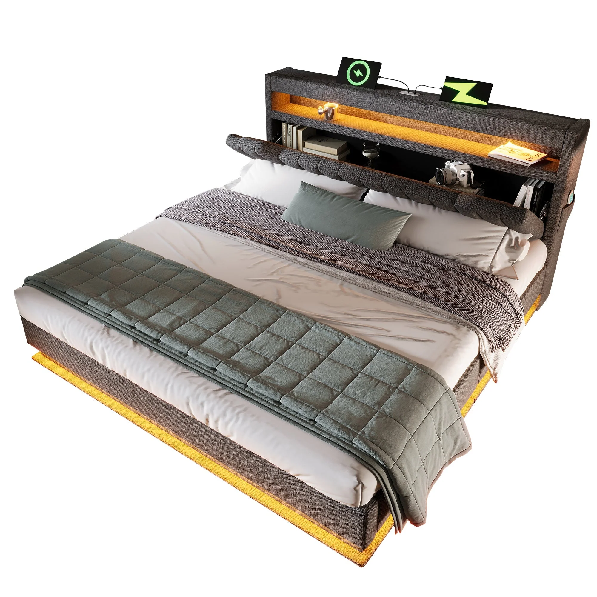 Upholstered Double Bed 140x200cm, Storage Headboard USB/Type-C, LED Lights, Hydraulic Storage, Grey Linen - Image 8