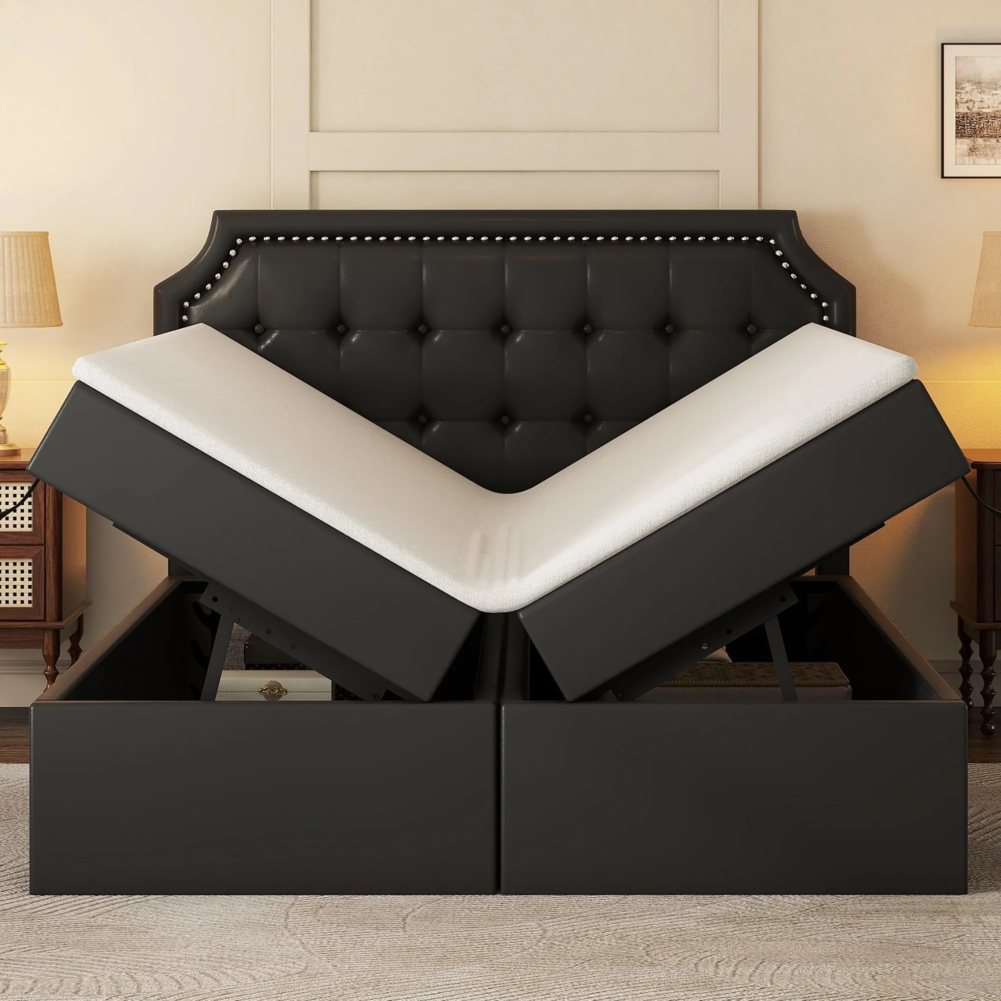 Upholstered Double Bed, 140x200cm Storage Slatted Base, Black - Image 2