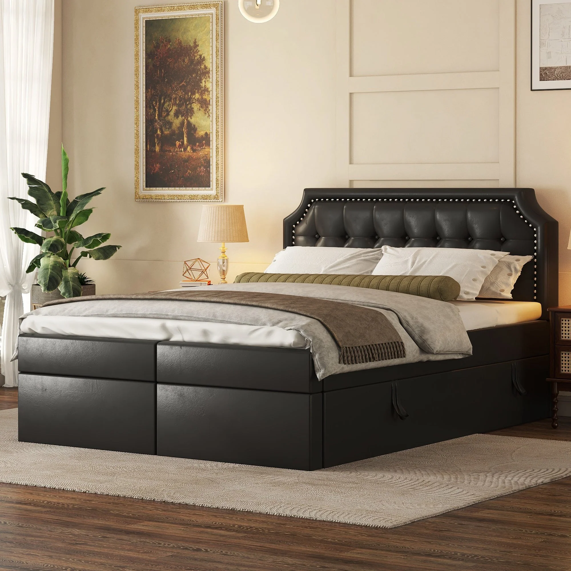 Upholstered Double Bed, 140x200cm Storage Slatted Base, Black - Image 5