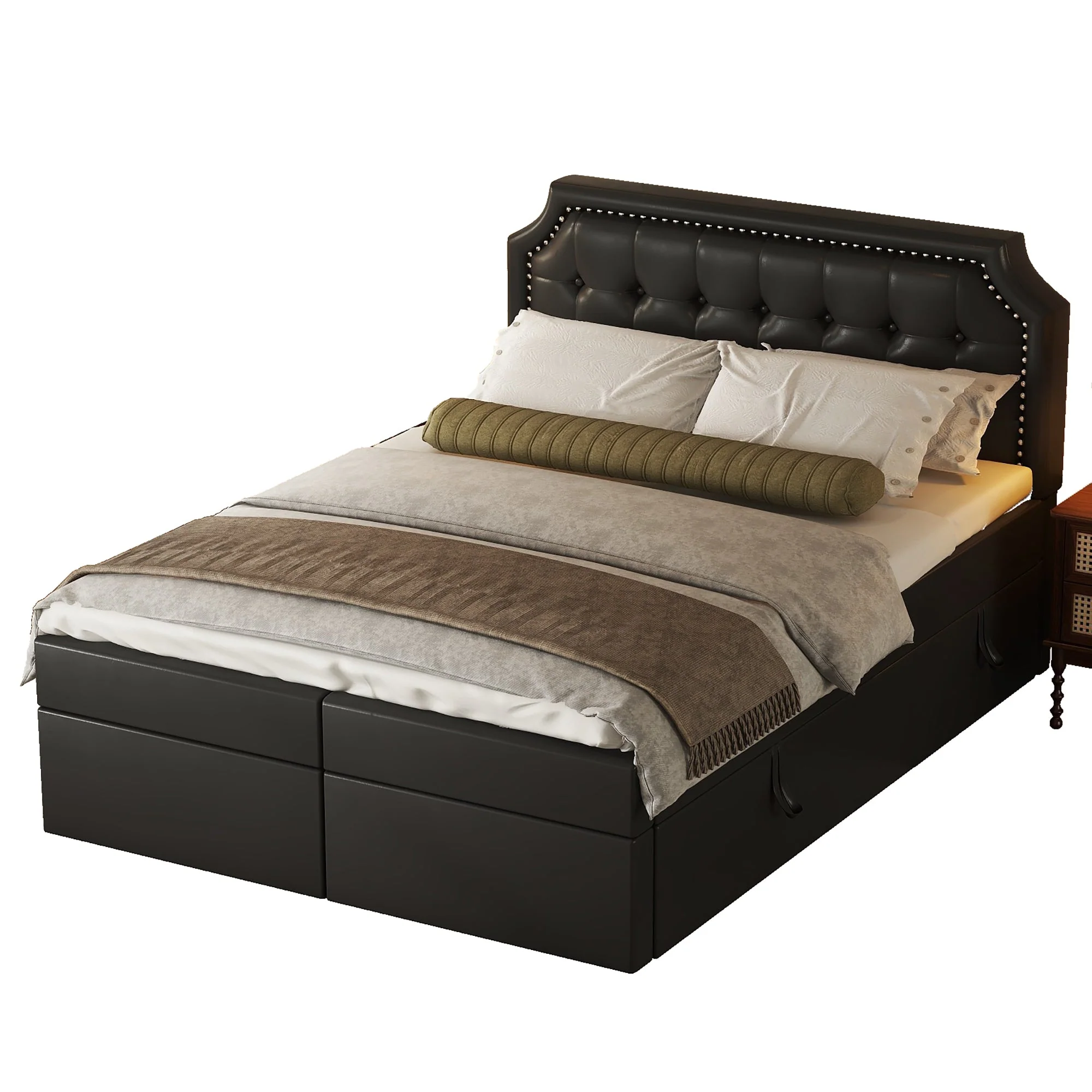 Upholstered Double Bed, 140x200cm Storage Slatted Base, Black - Image 6