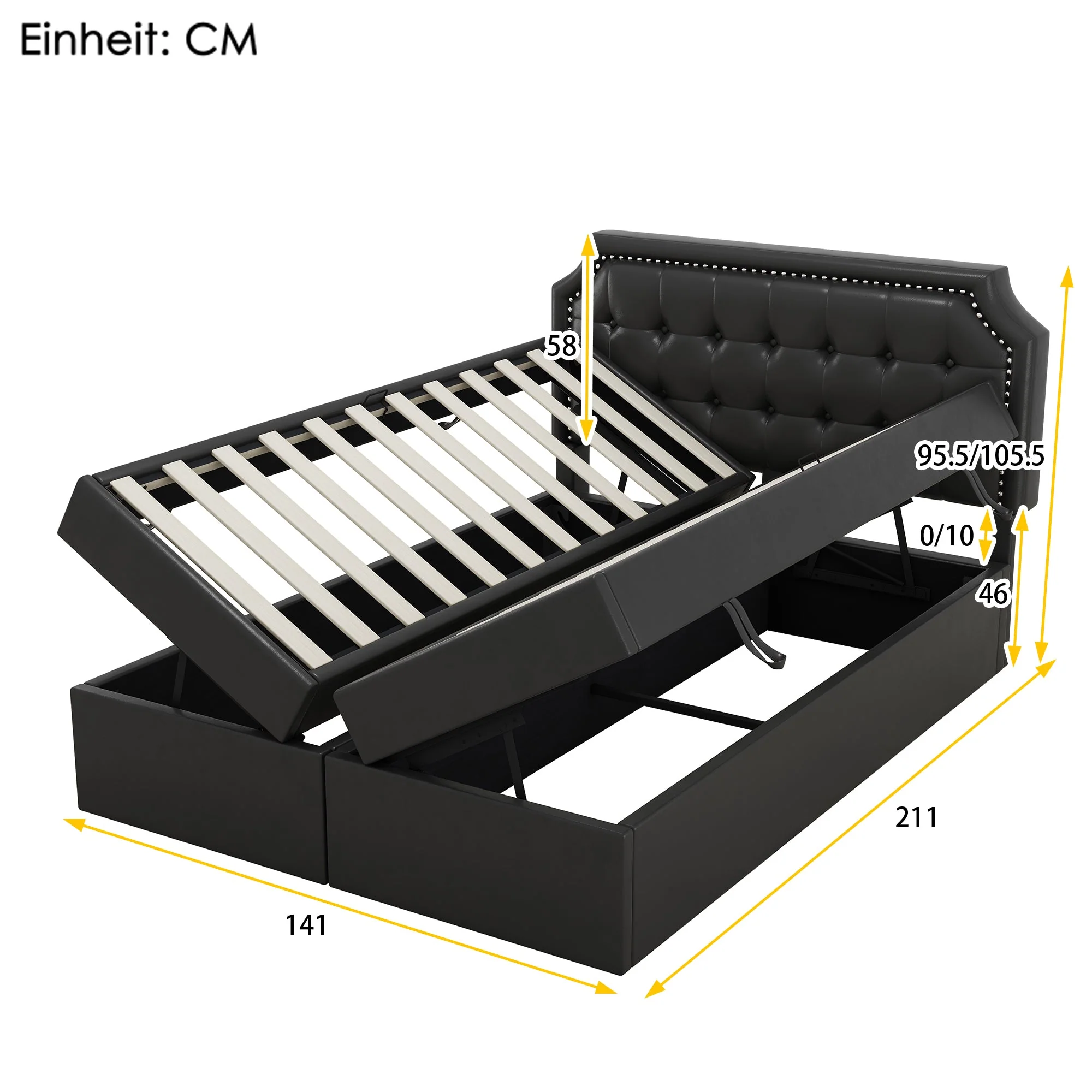 Upholstered Double Bed, 140x200cm Storage Slatted Base, Black - Image 7