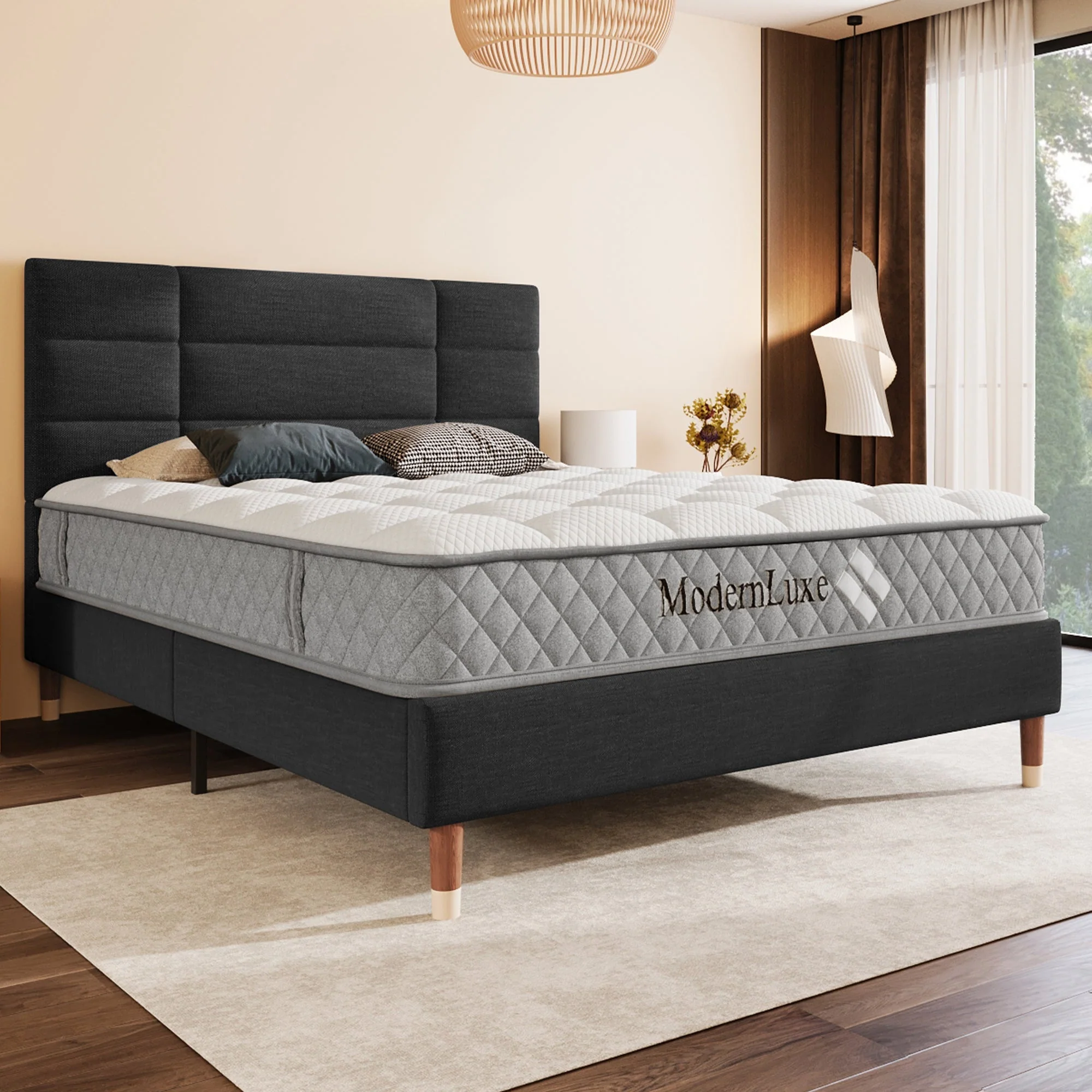 Upholstered Double Bed, 140x200cm with Headboard, Black Linen - Image 5