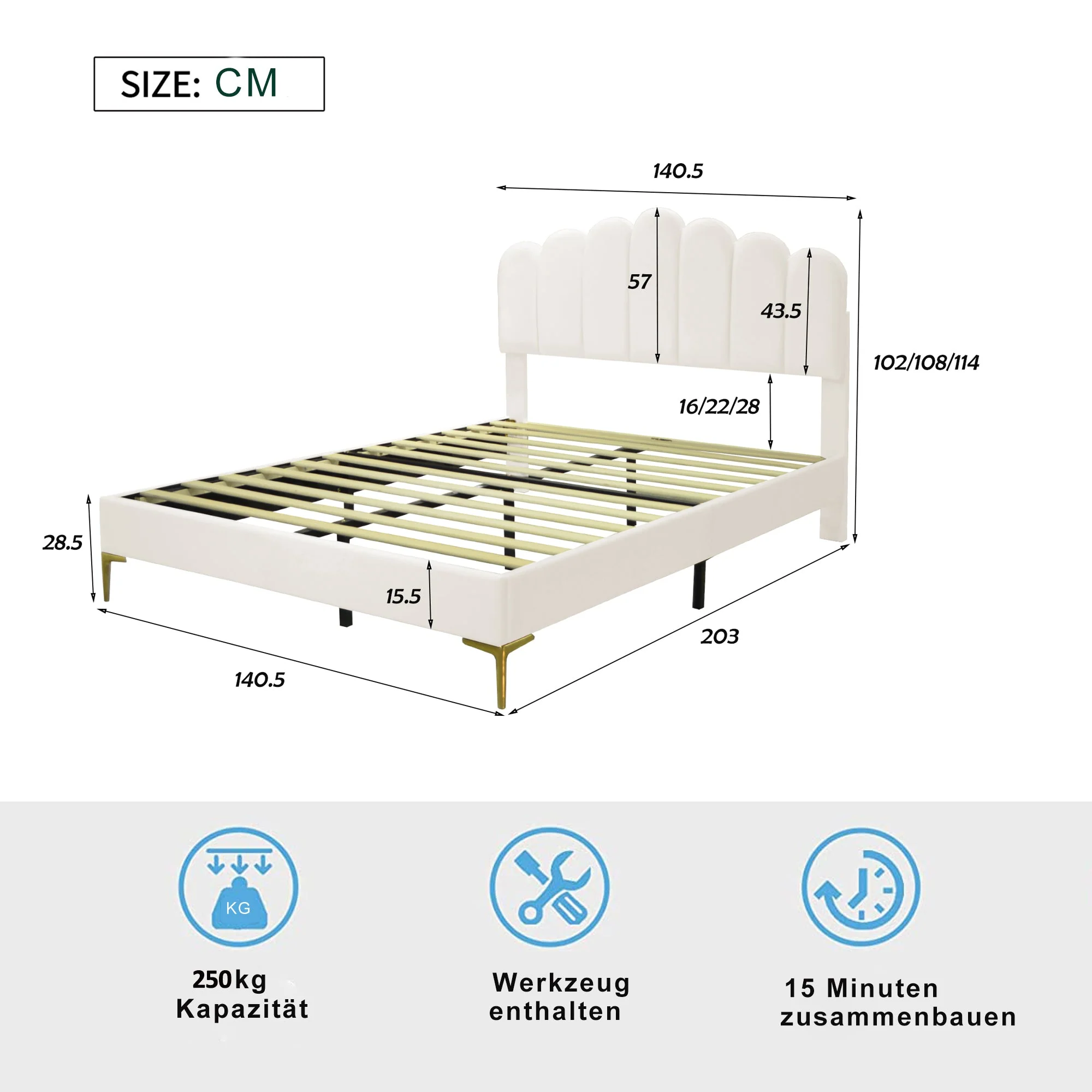 Upholstered Double Bed, 140x200cm with Headboard & Slatted Frame, Beige Velvet - Image 10