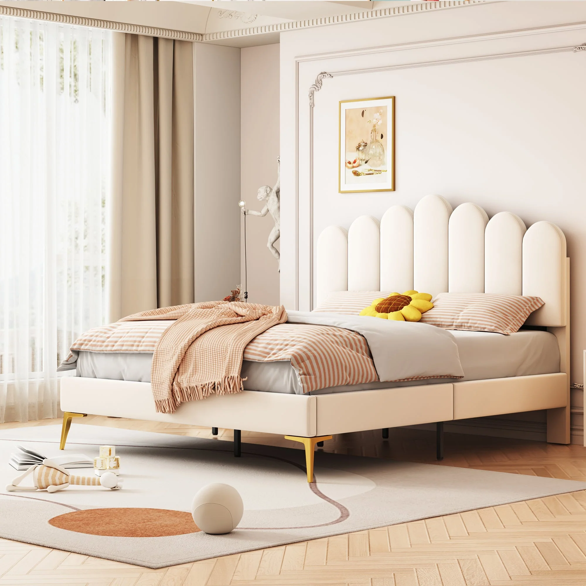 Upholstered Double Bed, 140x200cm with Headboard & Slatted Frame, Beige Velvet - Image 3