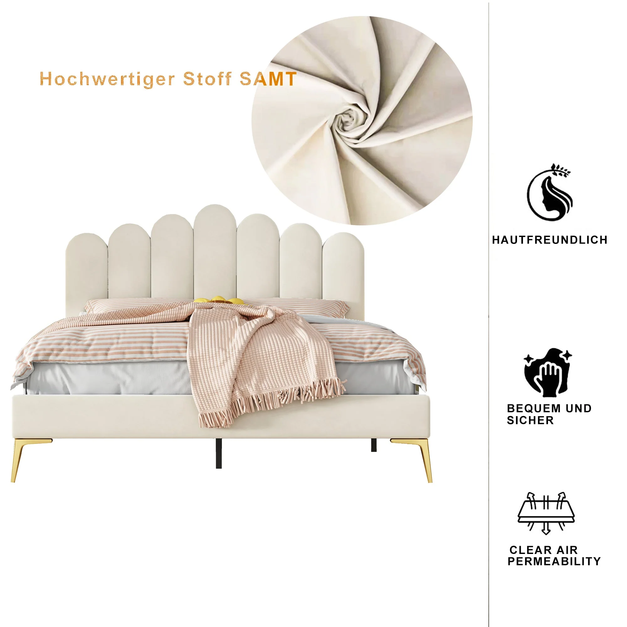Upholstered Double Bed, 140x200cm with Headboard & Slatted Frame, Beige Velvet - Image 9