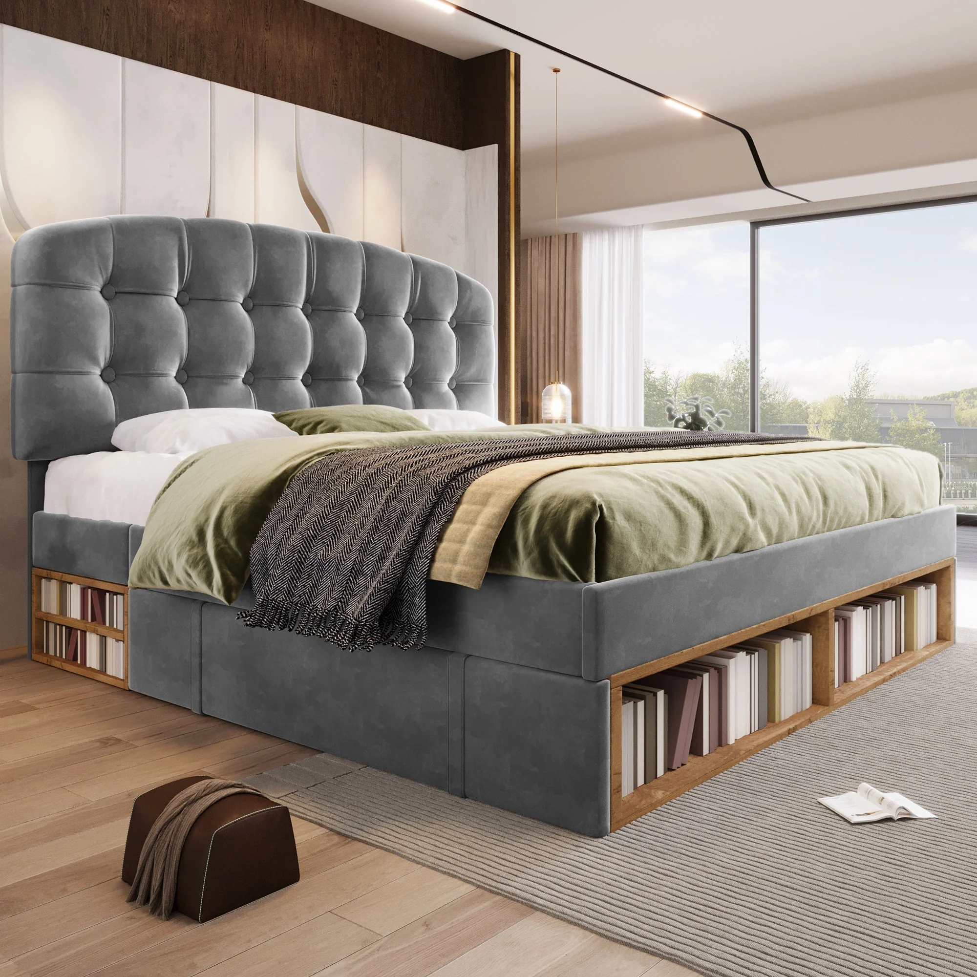 Upholstered Double Bed, 140x200cm with Storage Drawers and Adjustable Headboard, Grey Velvet - Image 9