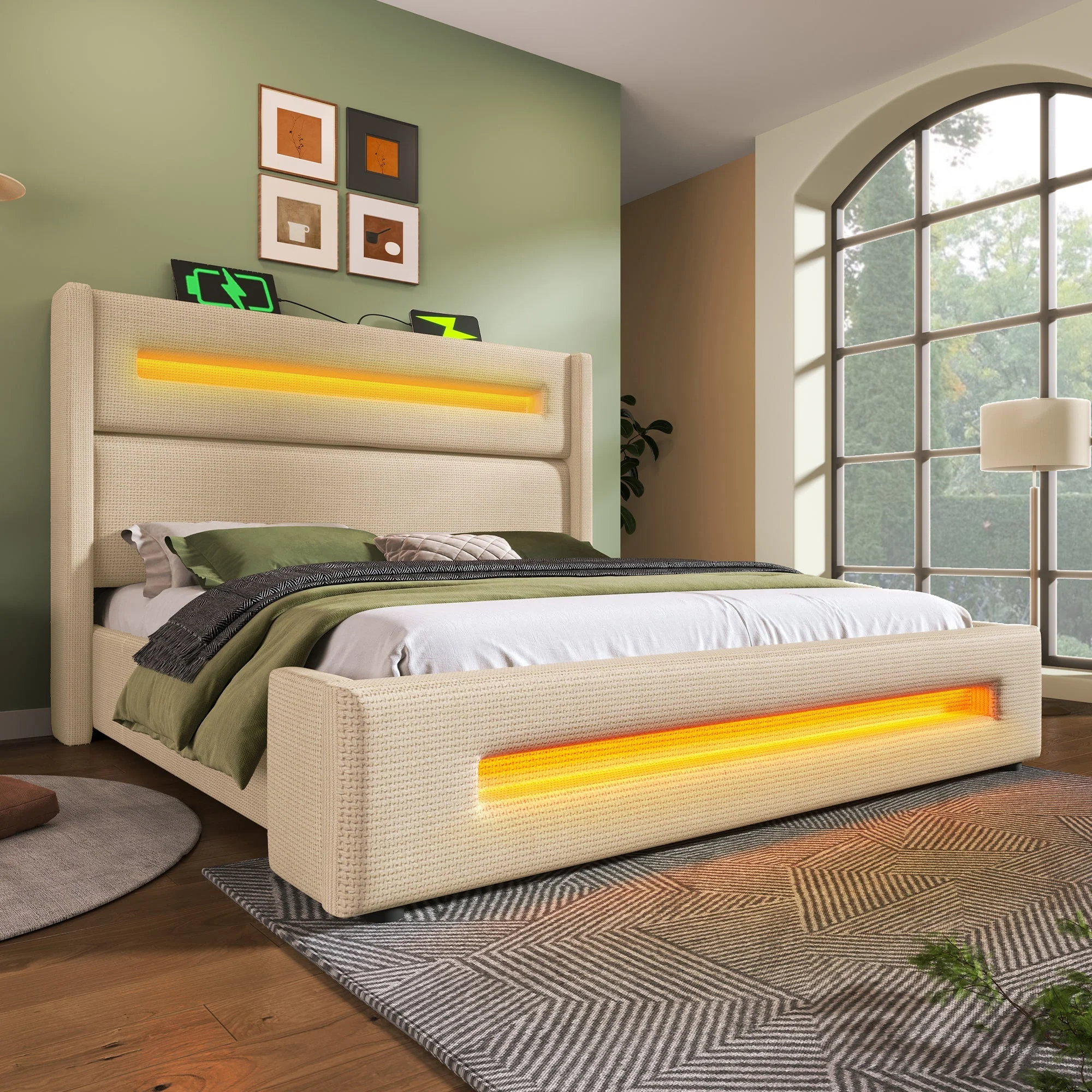 Upholstered Double Bed, 160x200 cm, LED, Hydraulic Storage, USB-C Charging, Metal Frame, Beige Linen - Image 7