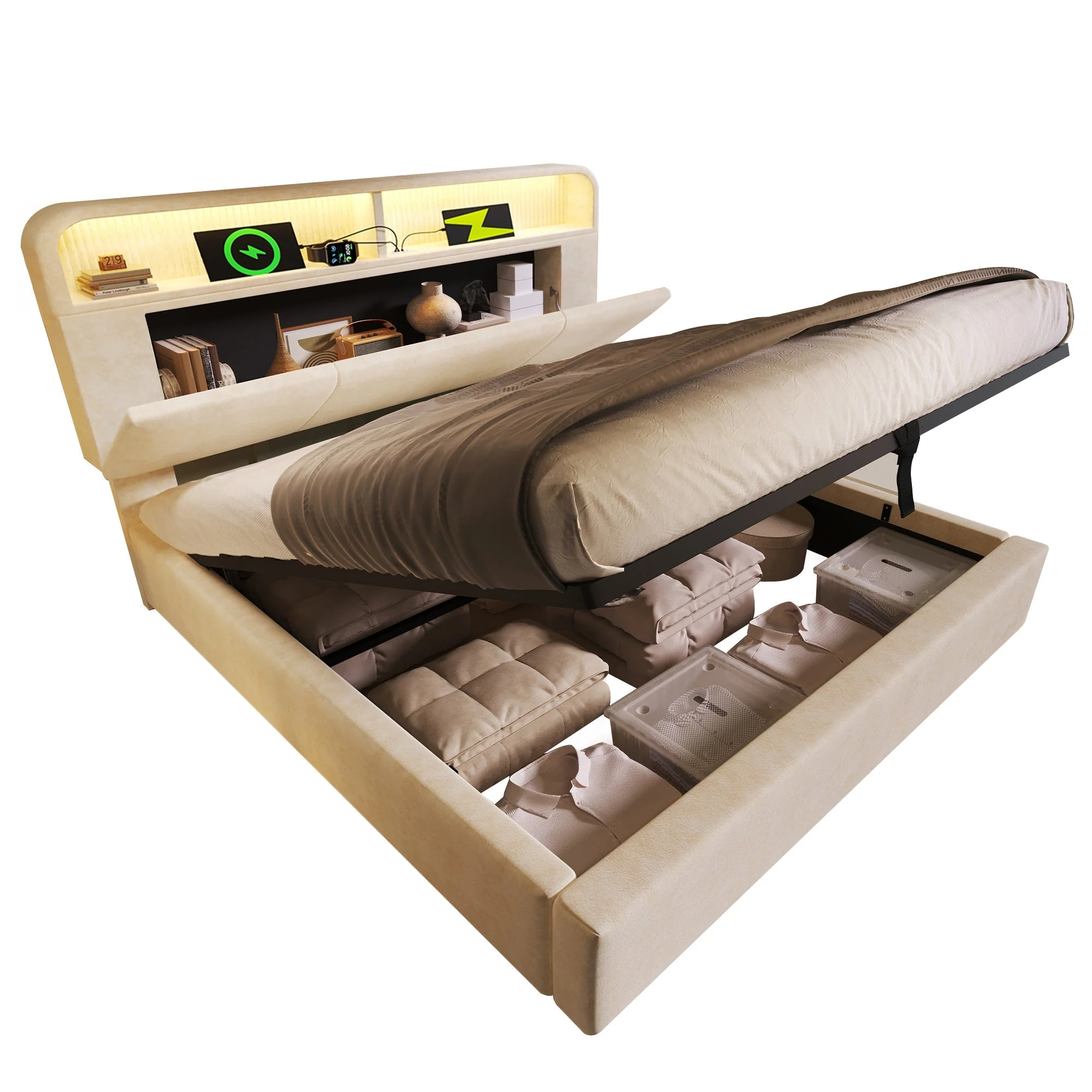 Upholstered Double Bed 160x200 cm with Hydraulic Storage, LED, USB Charging and Mattress, Beige Velvet - Image 6