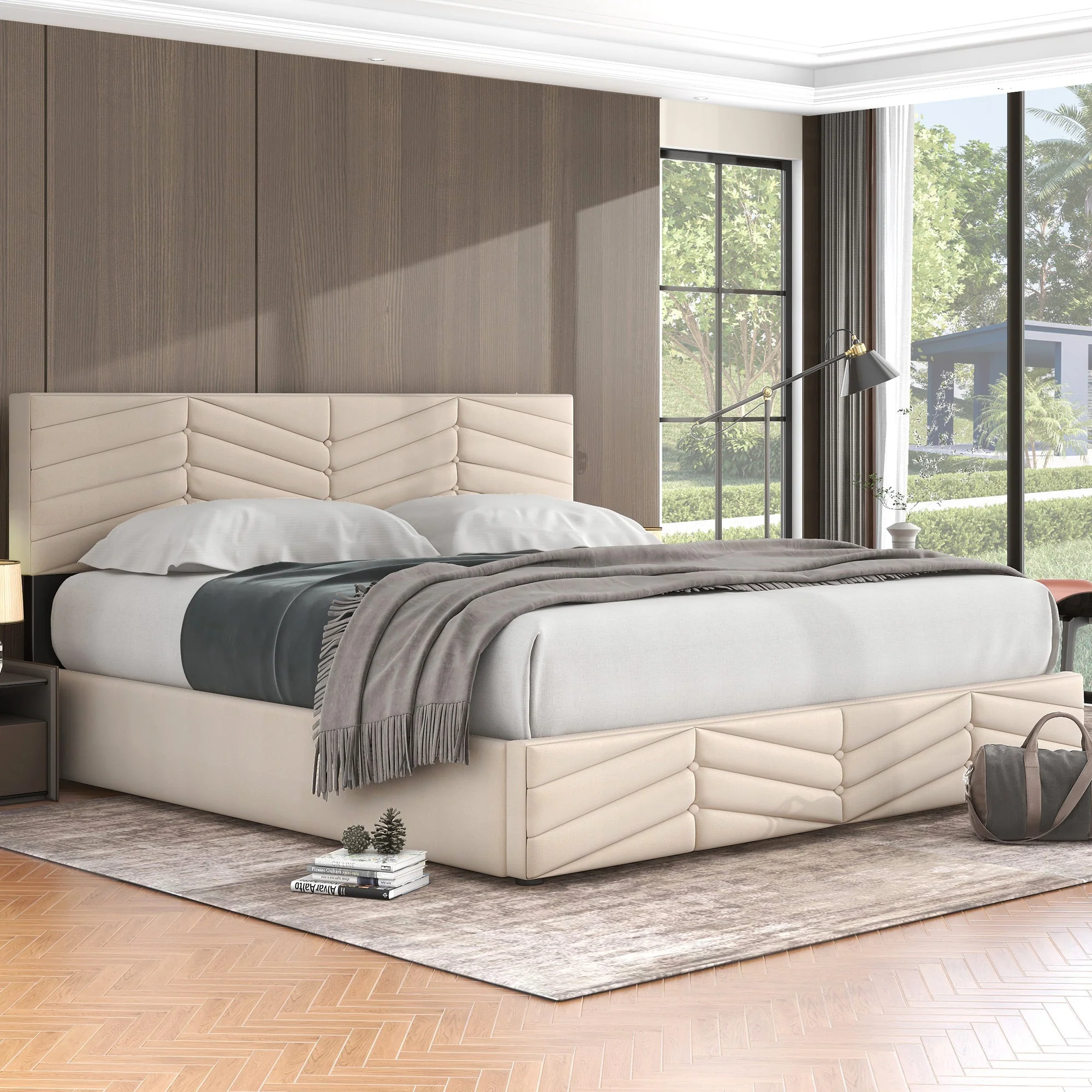Upholstered Double Bed 160x200 Hydraulic Functional with Height-Adjustable Headboard, Striped Continental Style - Velvet Beige - Image 8