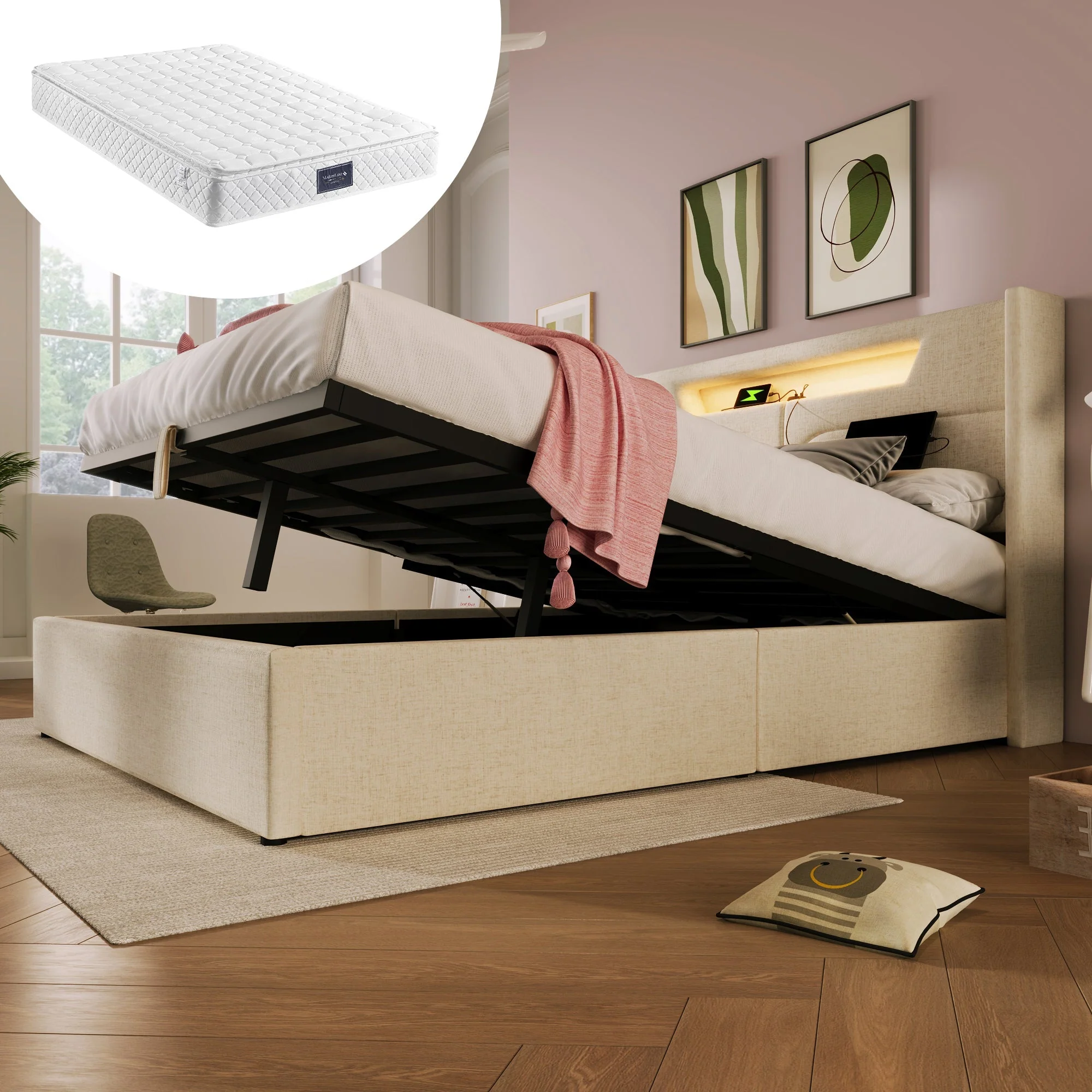 Upholstered Double Bed 160x200 LED USB-C Storage Slatted Base, Linen Material - Image 2