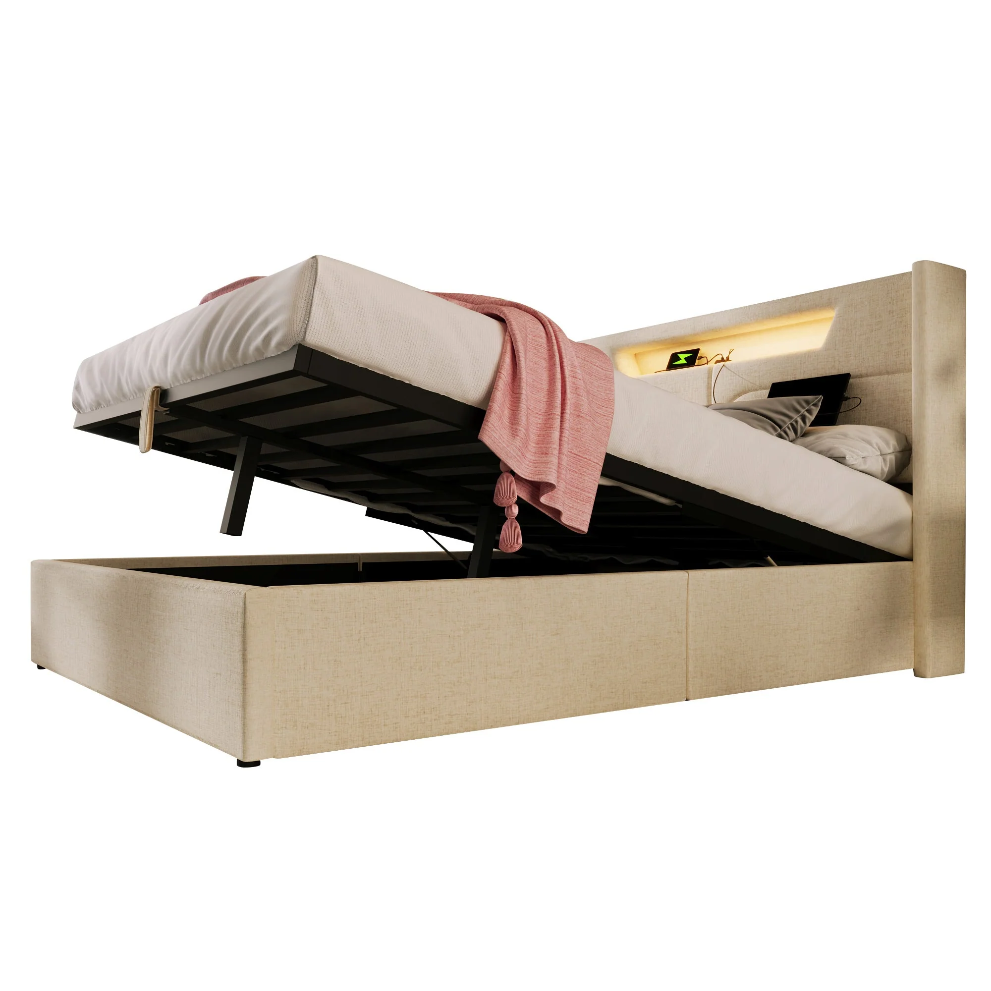 Upholstered Double Bed 160x200 LED USB-C Storage Slatted Base, Linen Material - Image 4