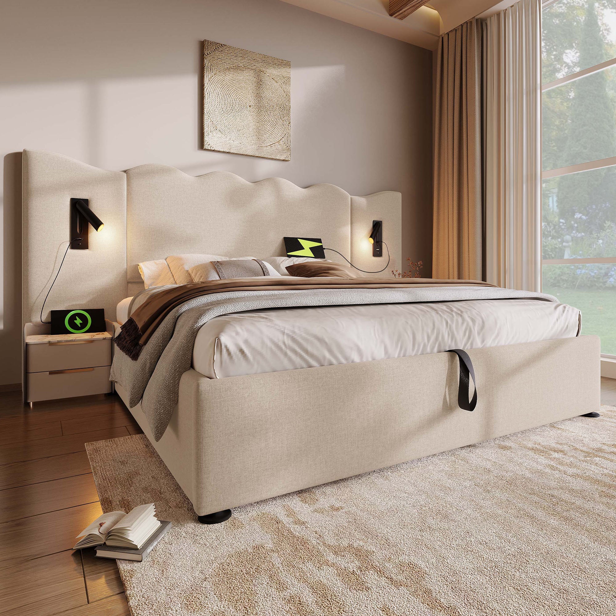 Upholstered Double Bed, 160x200, Reading Lamp & USB-C, Storage, Beige Linen - Image 2