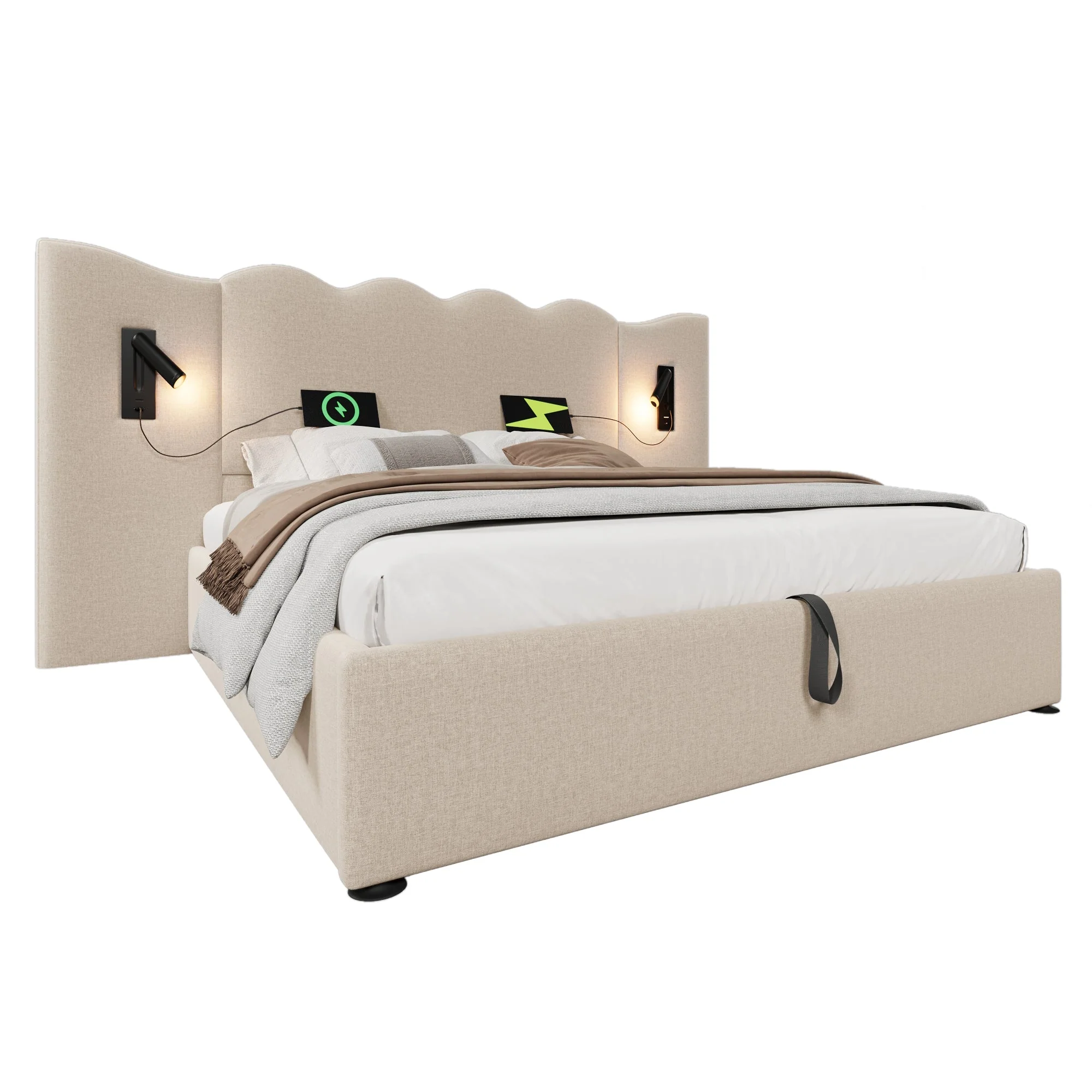 Upholstered Double Bed 160×200, Reading Lamp & USB-C, Storage, Solid Wood & Metal, Beige Linen - Image 9