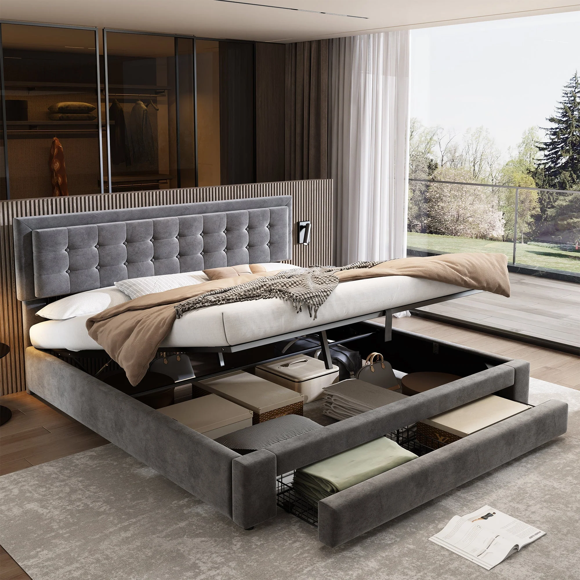 Upholstered Double Bed 160x200 Storage Drawers Slatted Frame - Velvet Grey - Image 2