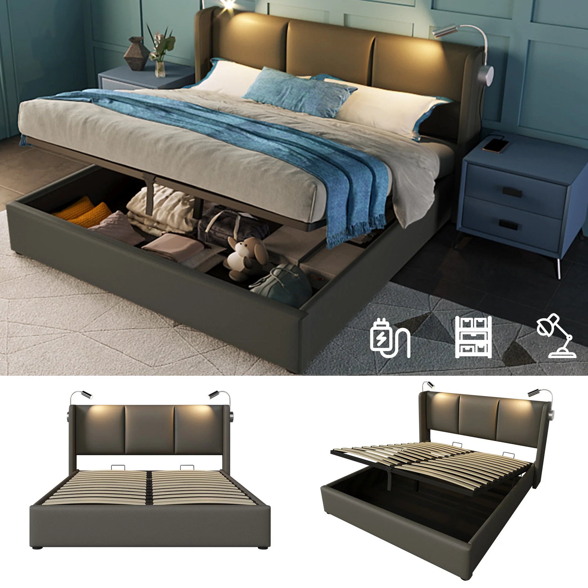 Upholstered Double Bed 160x200 Storage Reading Light Headboard PU - Image 12