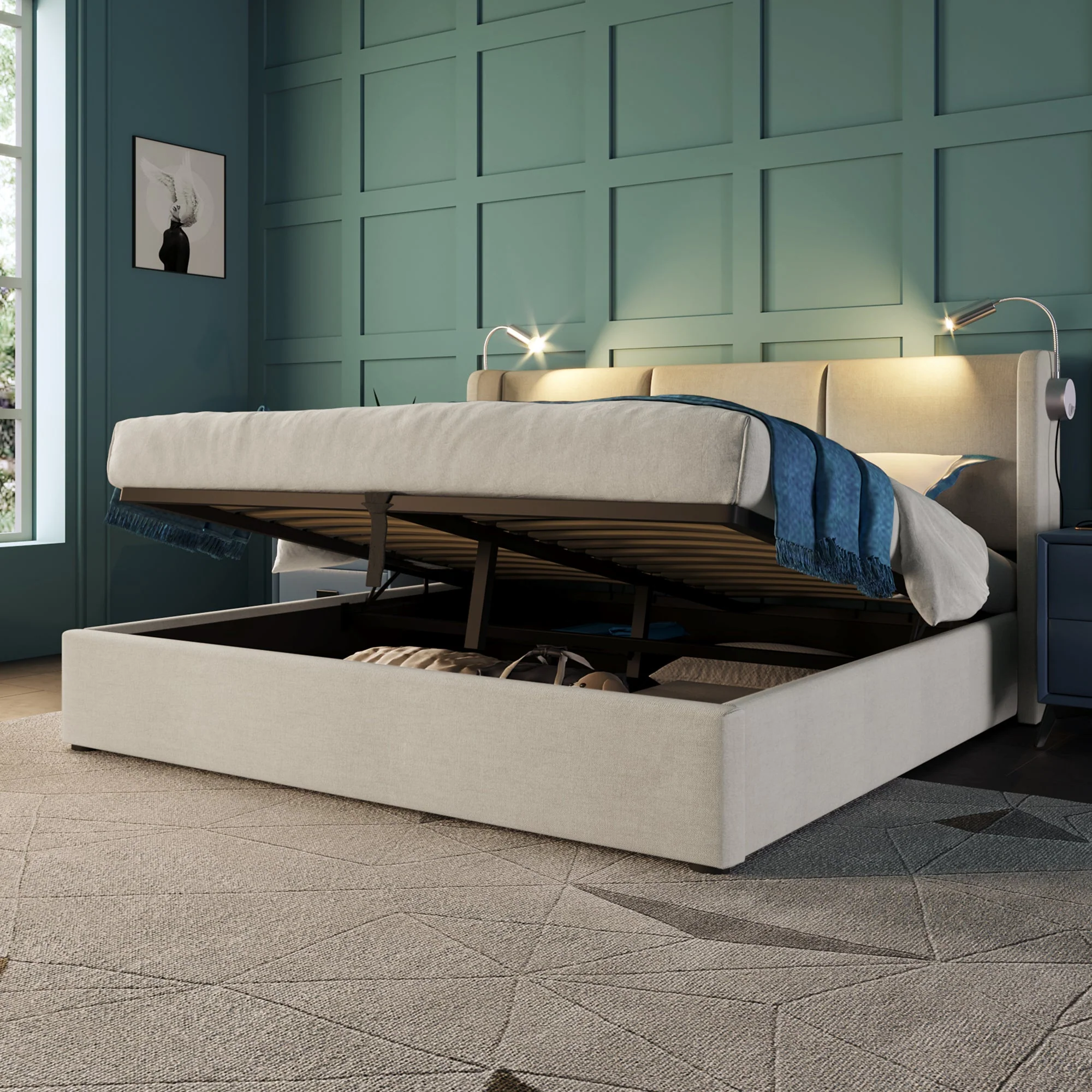 Upholstered Double Bed 160x200 Storage USB Reading Light Linen - Image 2