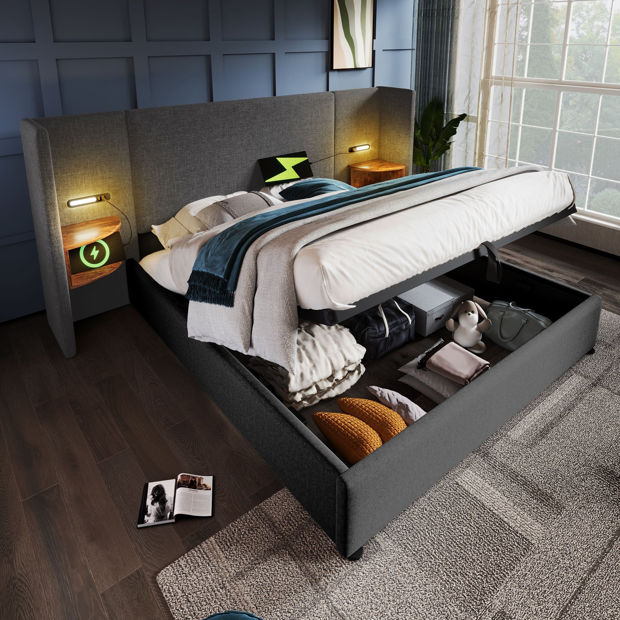 Upholstered Double Bed 160x200, with Bedside Table, Reading Lamp, USB-C, Gray Linen - Image 9