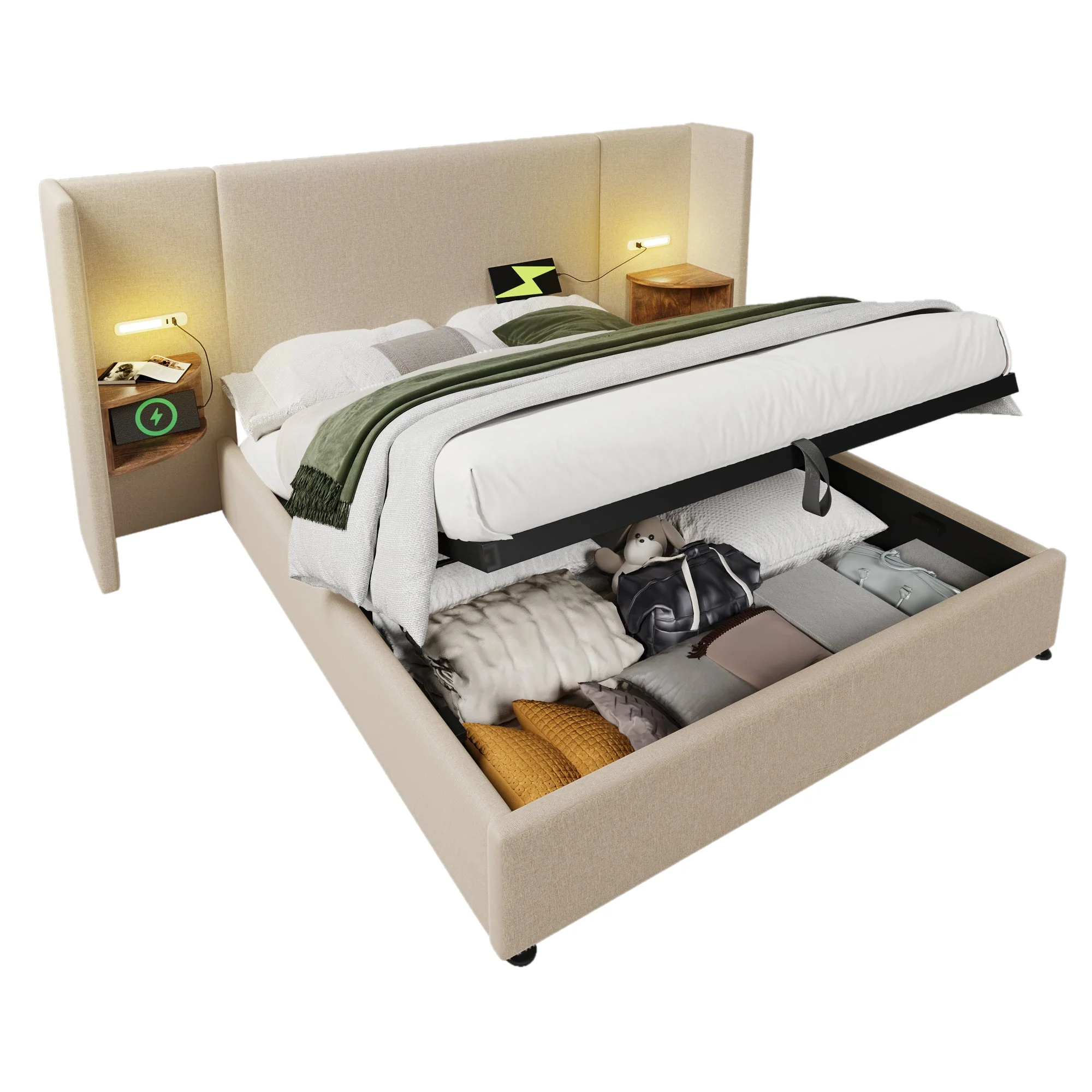 Upholstered Double Bed 160x200, with Bedside Table, Reading Lamp, USB-C, Storage, Solid Wood & Metal Frame, Beige Linen - Image 7