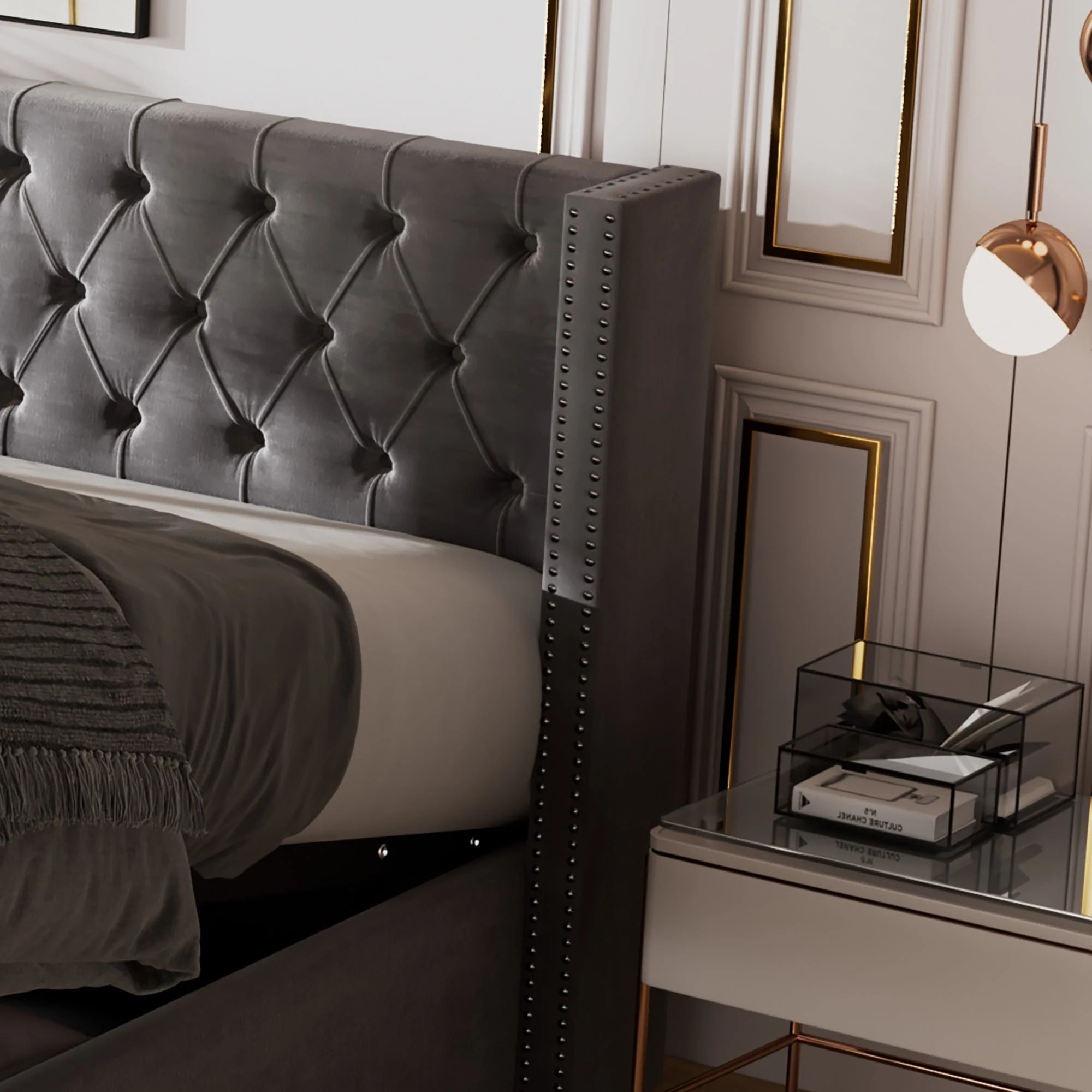 Upholstered Double Bed 160x200cm Hydraulic Storage Flannel Ear Shape - Grey - Image 4