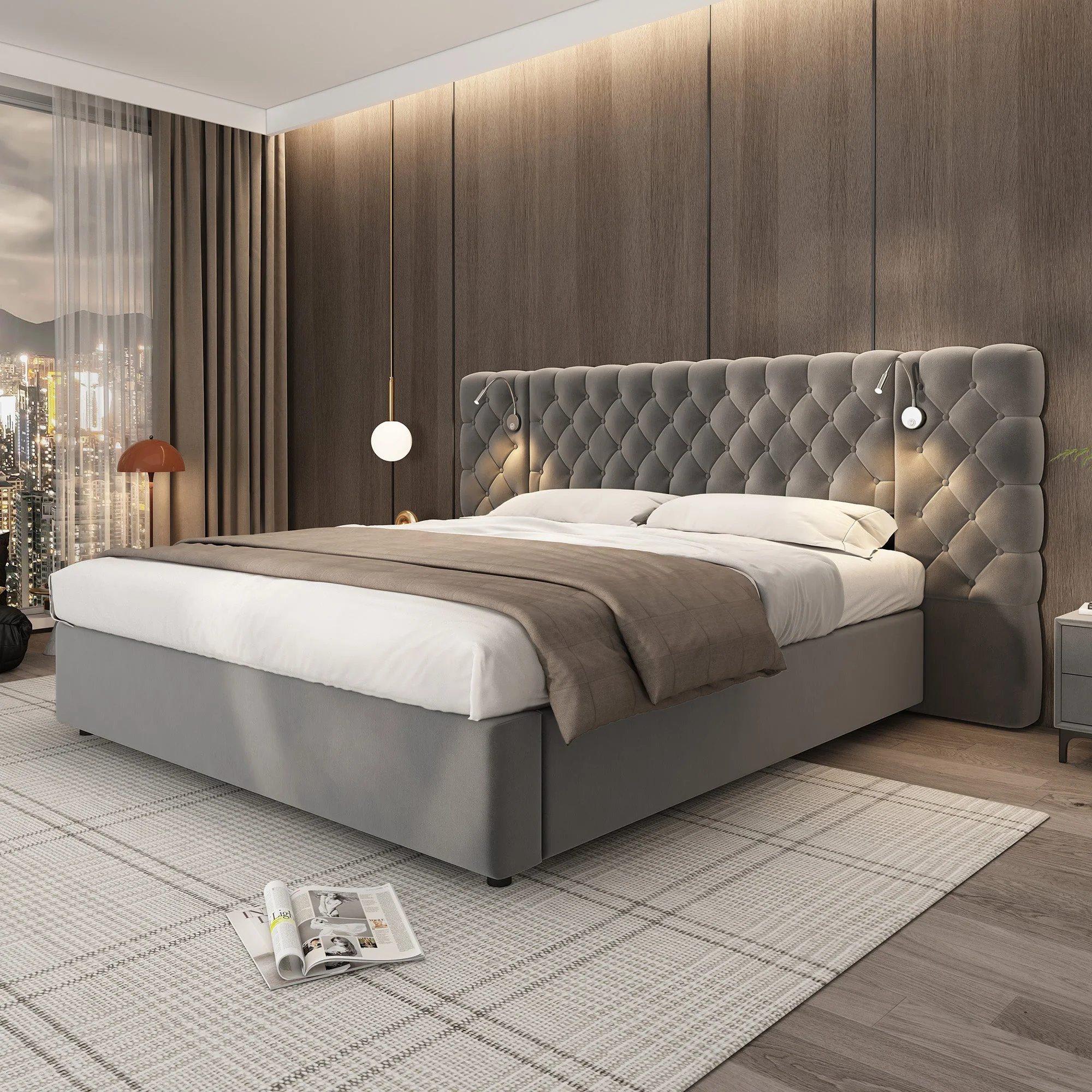 Upholstered Double Bed 160x200cm Hydraulic Storage LED Headboard Lamp - Velvet Grey - Image 6