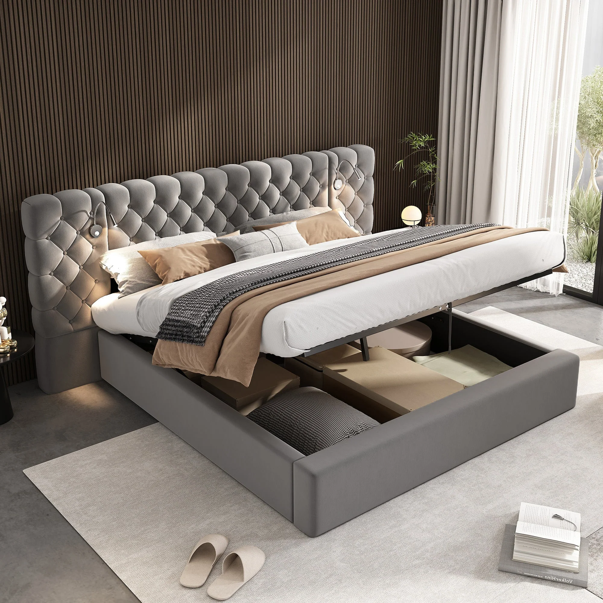 Upholstered Double Bed 160x200cm Hydraulic Storage LED Headboard Lamp - Velvet Grey - Image 7