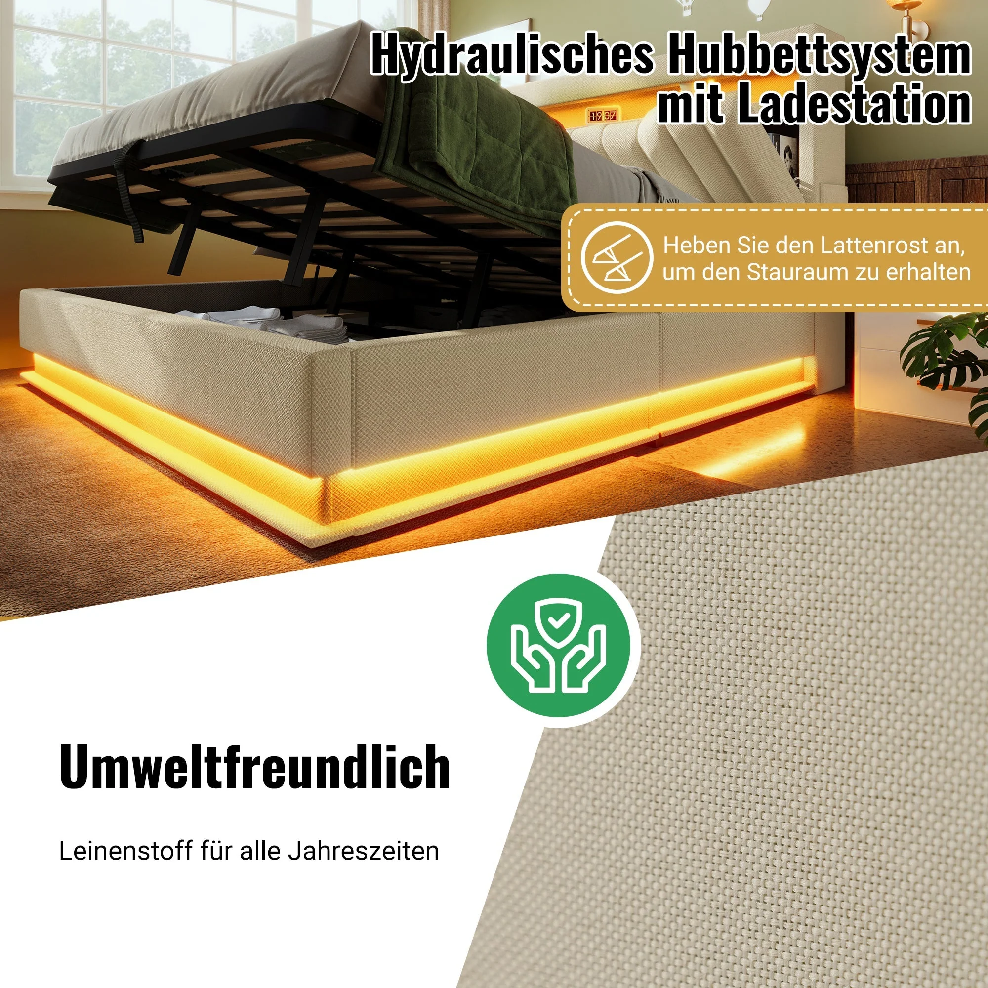 Upholstered Double Bed 160x200cm Hydraulic Storage LED Headboard USB Type-C Beige Linen - Image 3