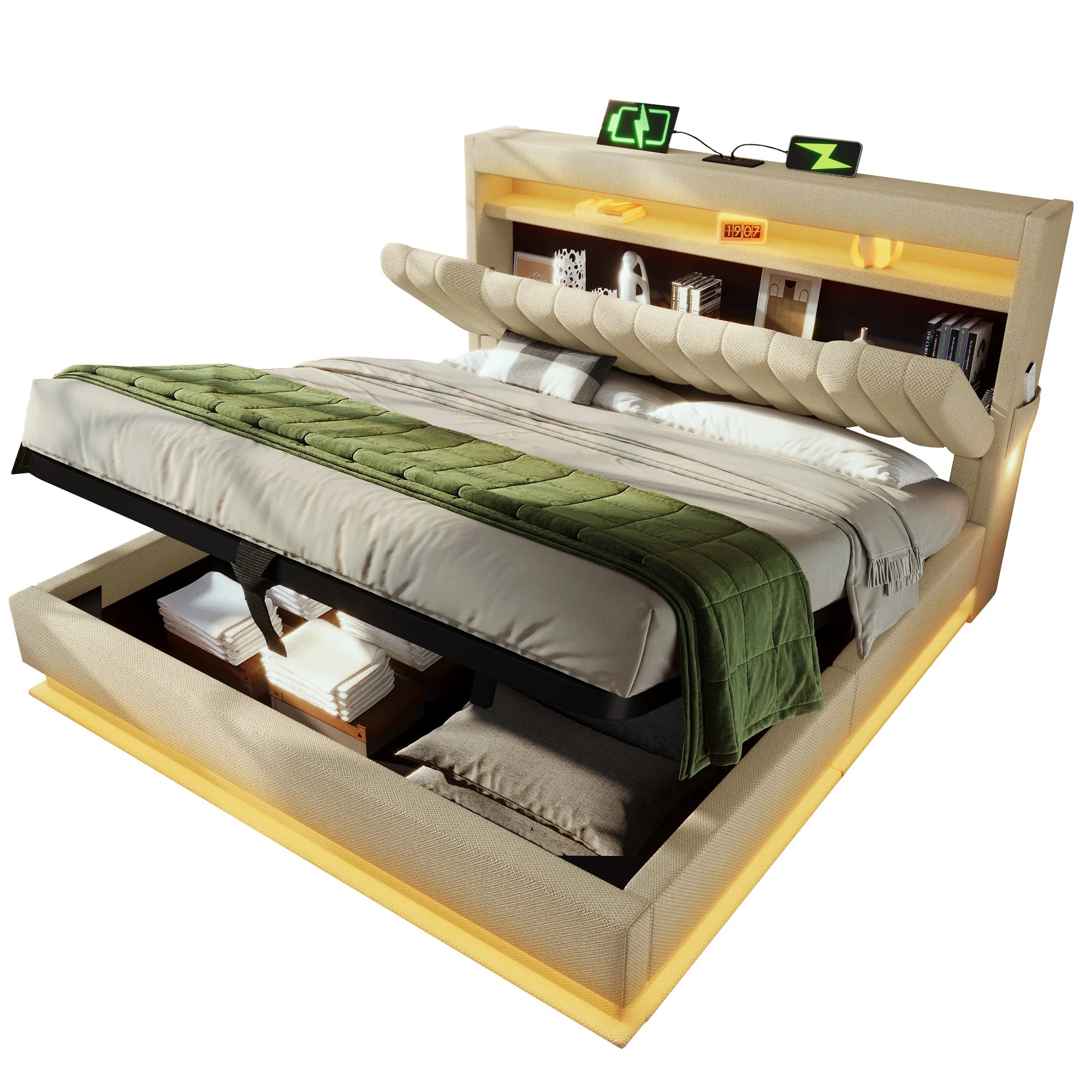 Upholstered Double Bed 160x200cm Hydraulic Storage LED Headboard USB Type-C Beige Linen - Image 8