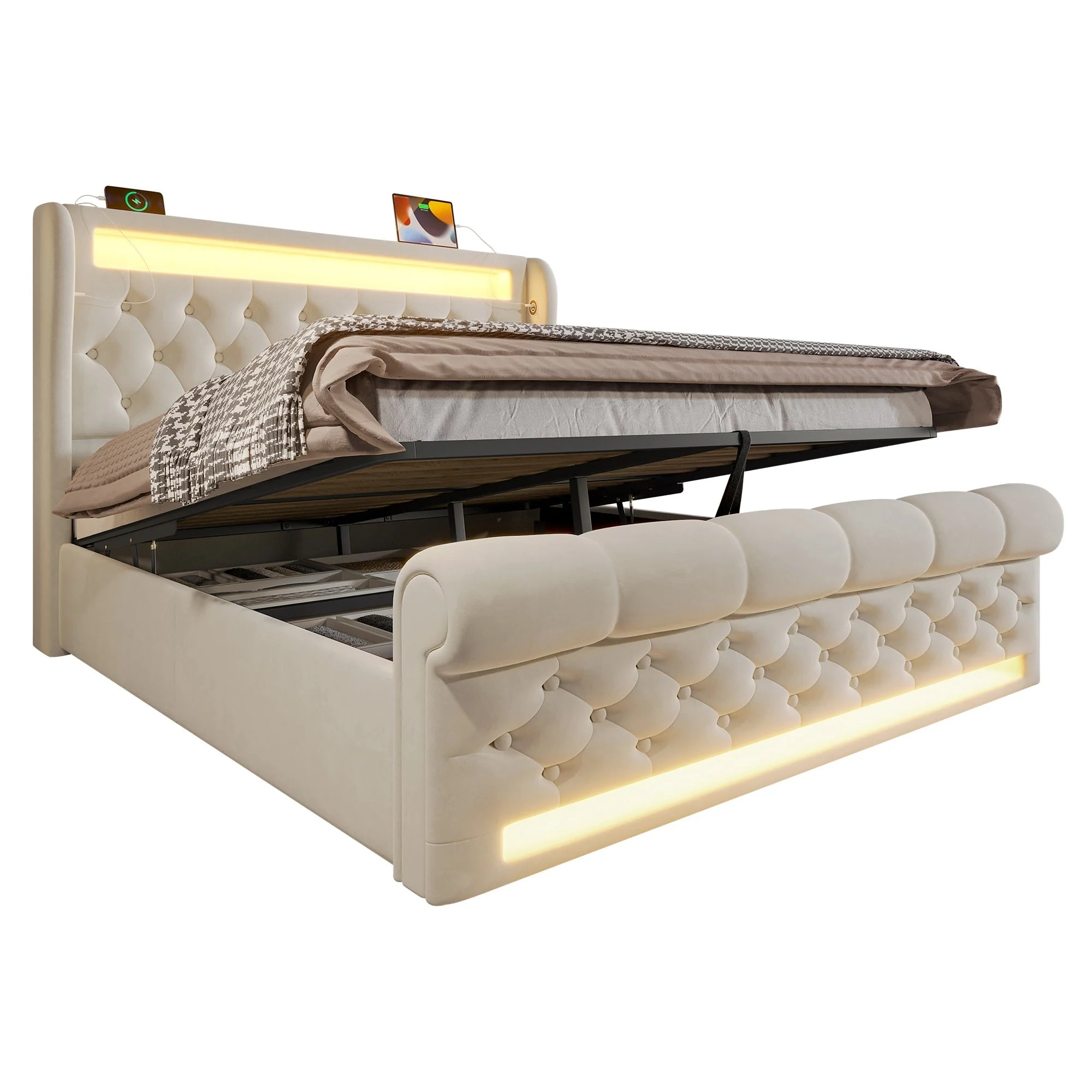 Upholstered Double Bed 160x200cm LED Hydraulic Storage Headboard USB Beige Velvet - Image 8