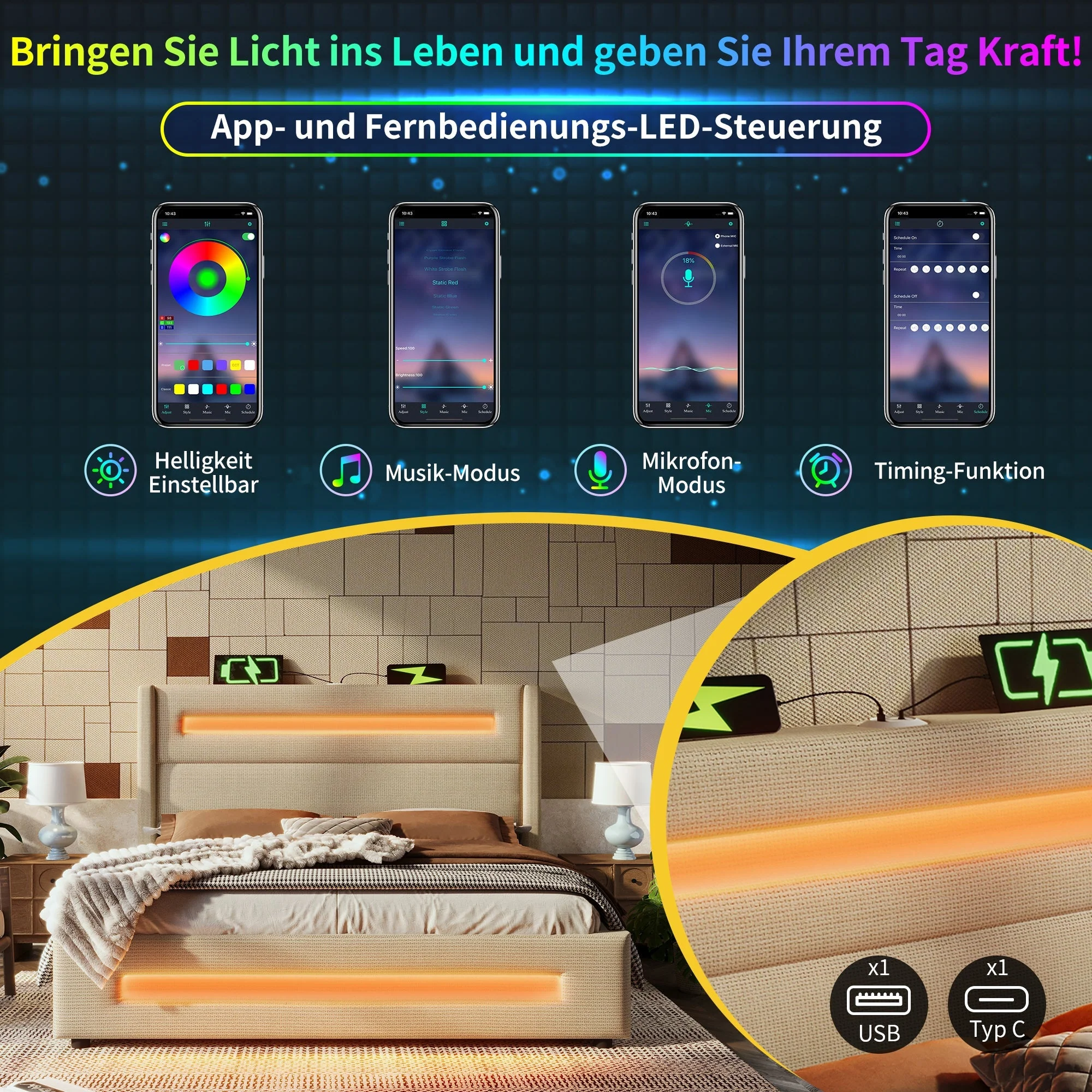 Upholstered Double Bed, 160x200cm LED Hydraulic Storage with USB-C, Beige Linen - Image 3