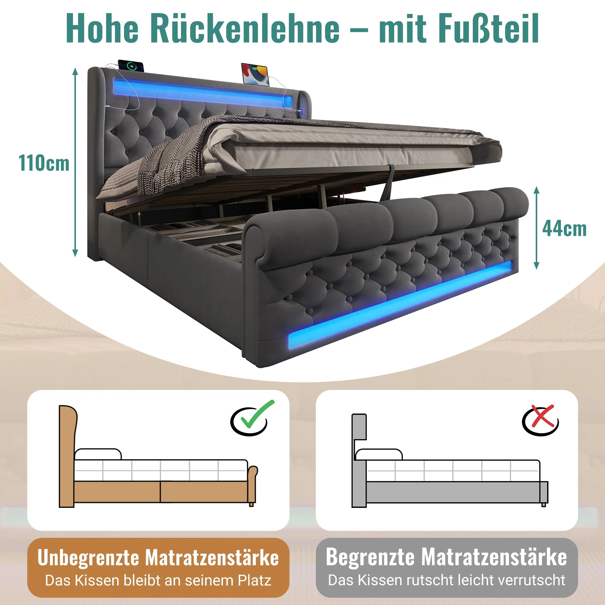 Upholstered Double Bed 160x200cm LED Storage Headboard Hydraulic Grey Velvet - Image 4