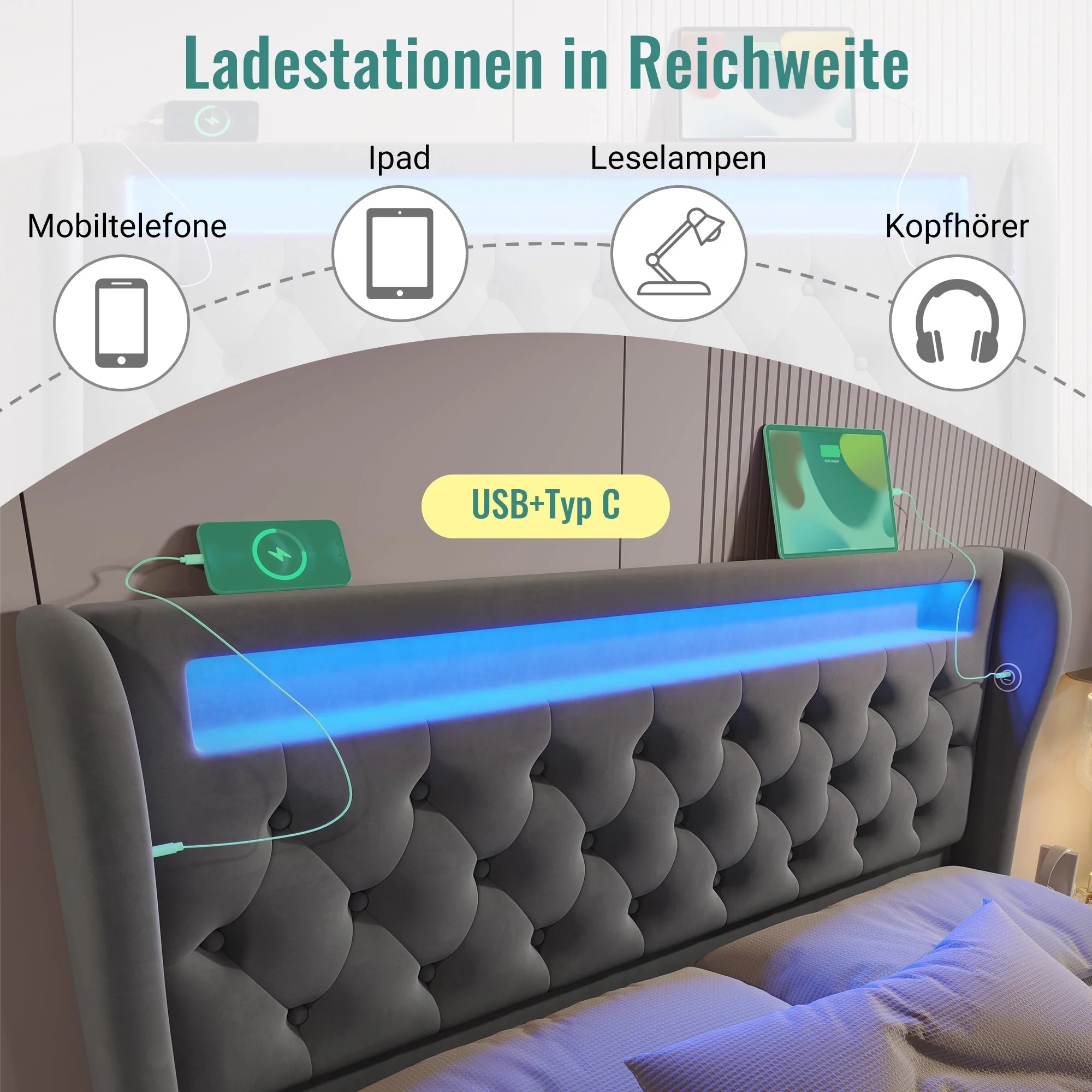 Upholstered Double Bed 160x200cm LED Storage Headboard Hydraulic Grey Velvet - Image 6