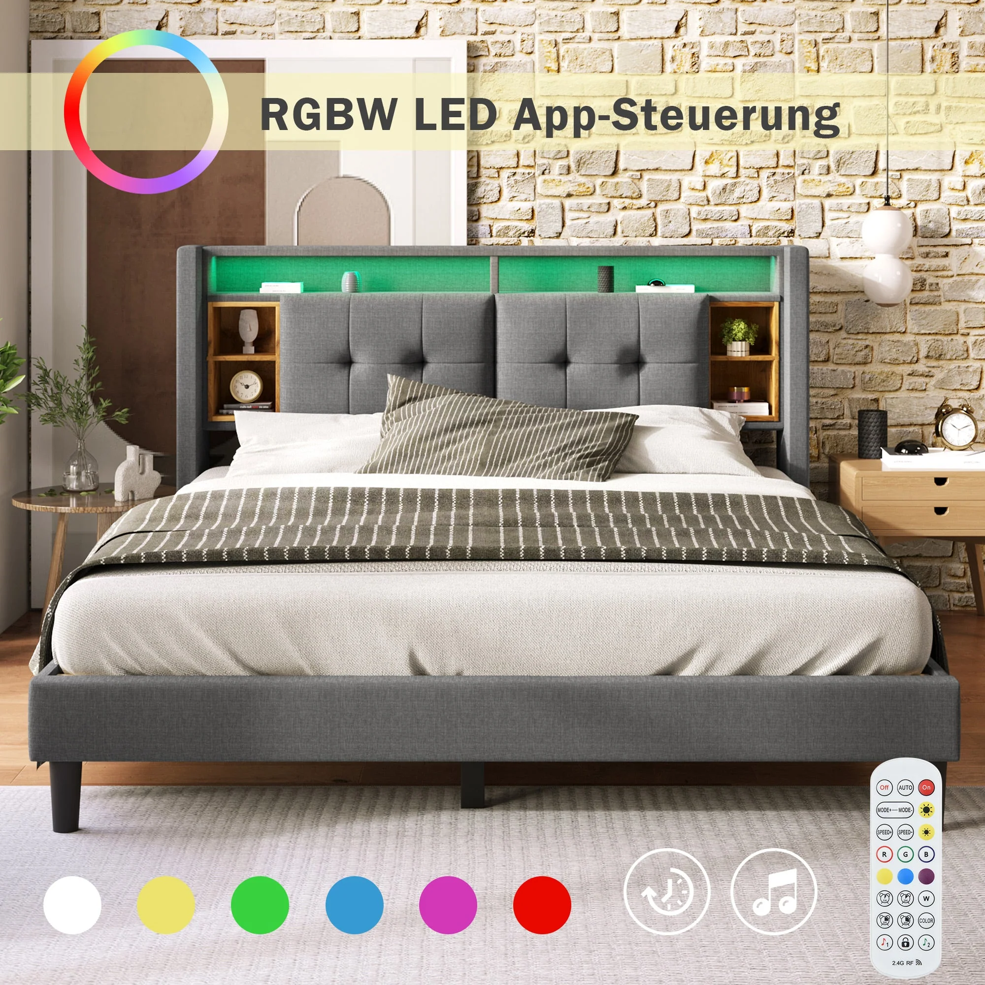 Upholstered Double Bed 160x200cm Storage USB LED Slatted Base, Grey - Image 5