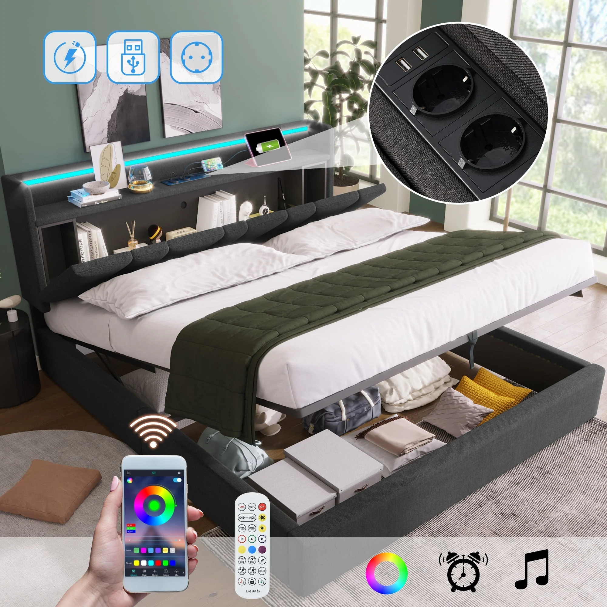 Upholstered Double Bed, 160x200cm, USB Charging, LED Lighting, Storage Headboard, Gray