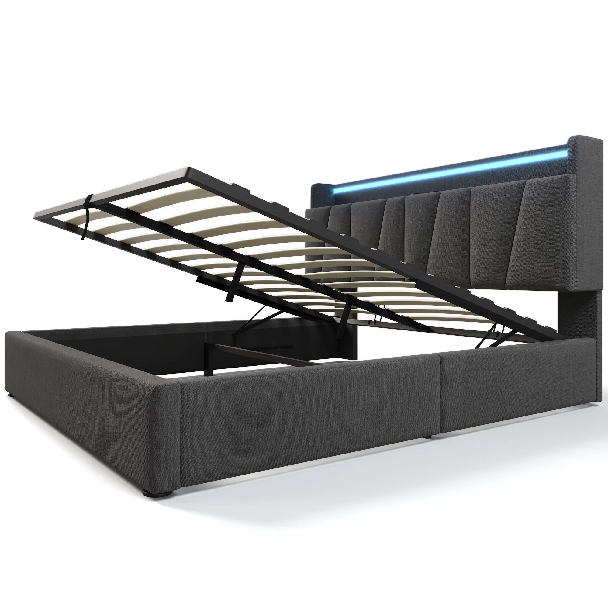 Upholstered Double Bed, 160x200cm, USB Charging, LED Lighting, Storage Headboard, Gray - Image 5