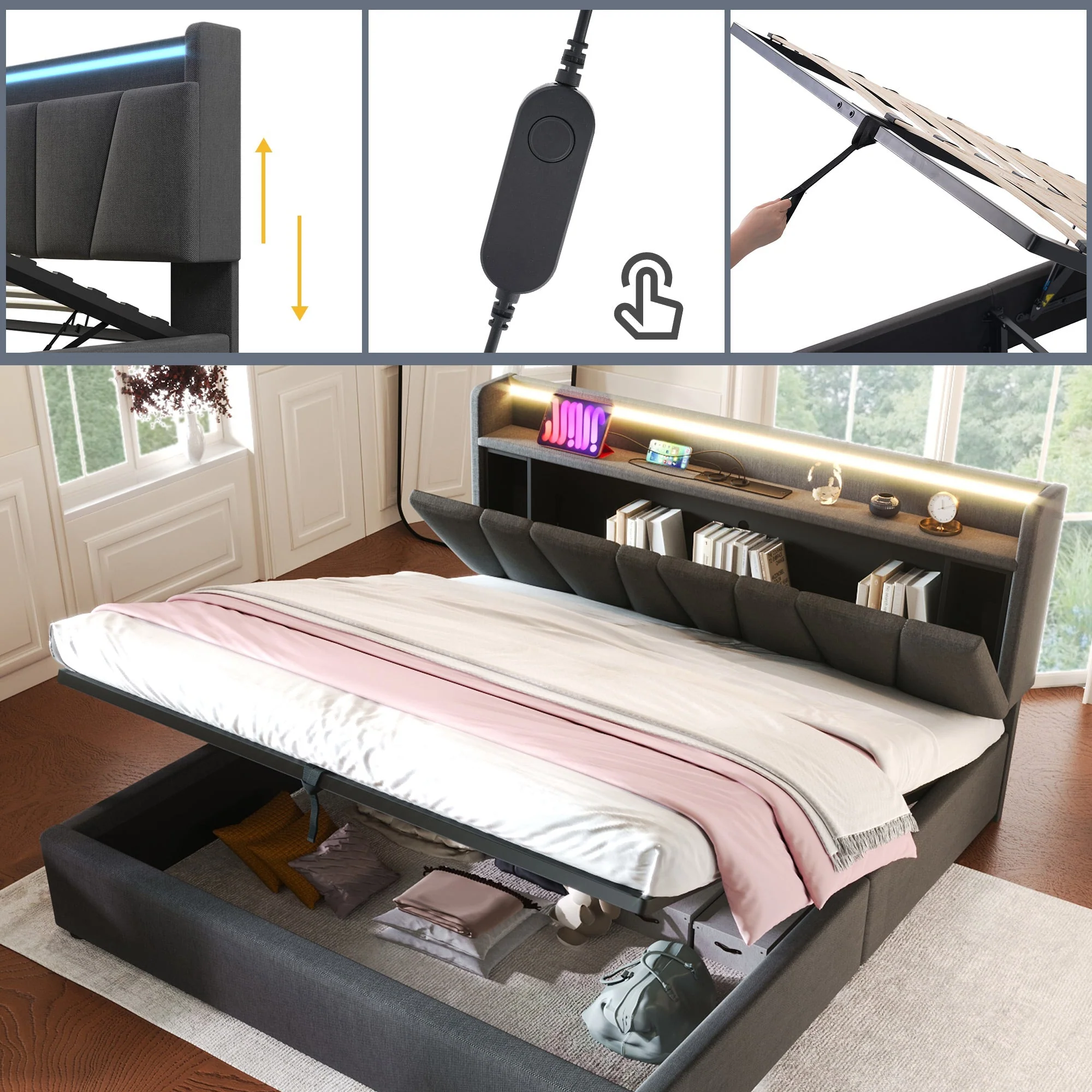 Upholstered Double Bed, 160x200cm, USB Charging, LED Lighting, Storage Headboard, Gray - Image 8