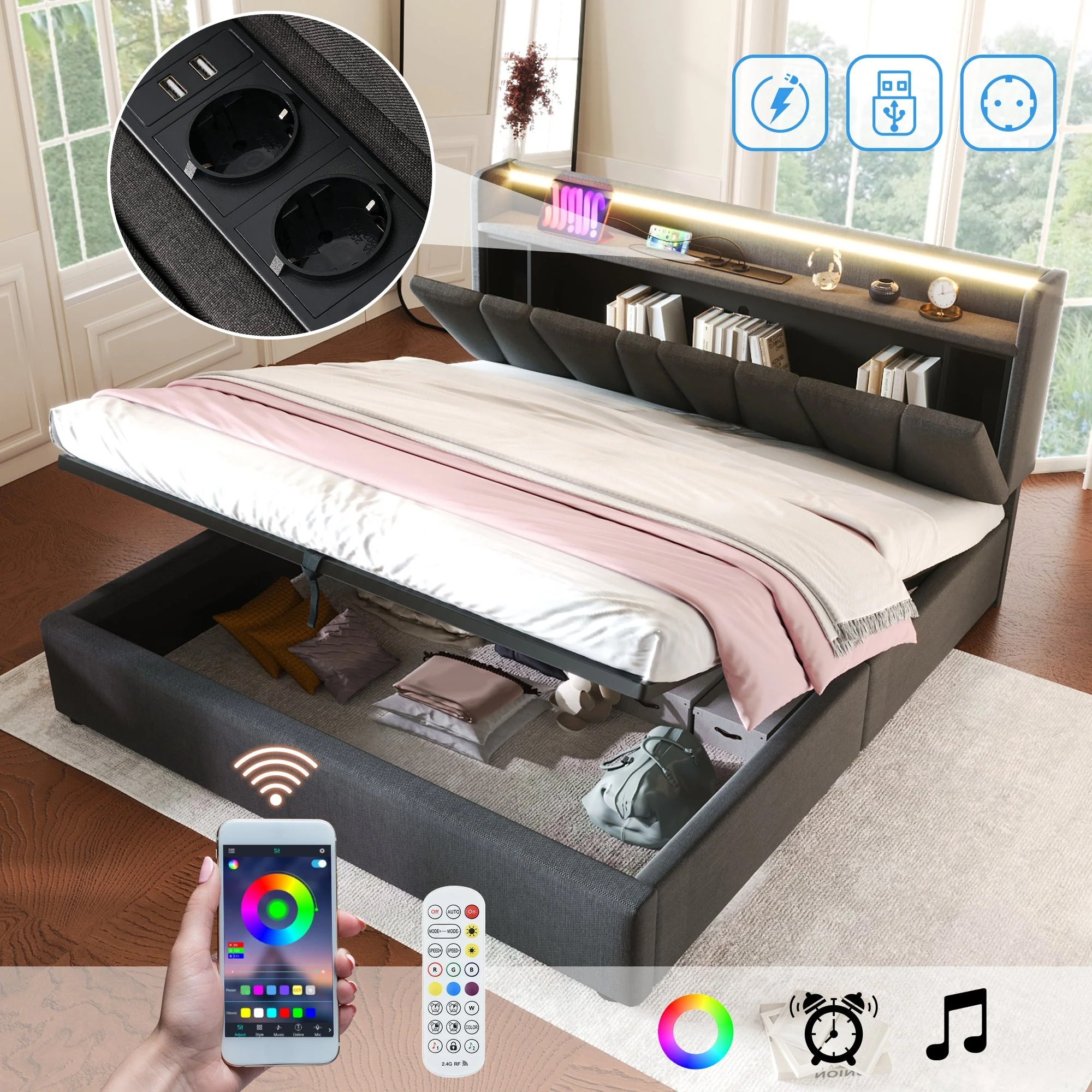 Upholstered Double Bed, 160x200cm, USB Charging, LED Lighting, Storage Headboard, Gray - Image 9