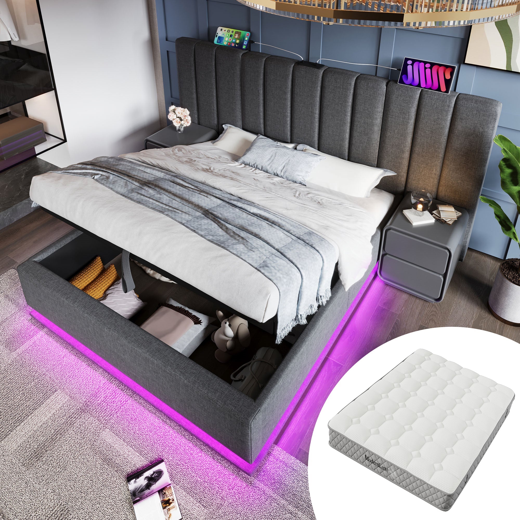 Upholstered Double Bed 180x200 Storage LED USB-C Slatted Base, Linen Grey