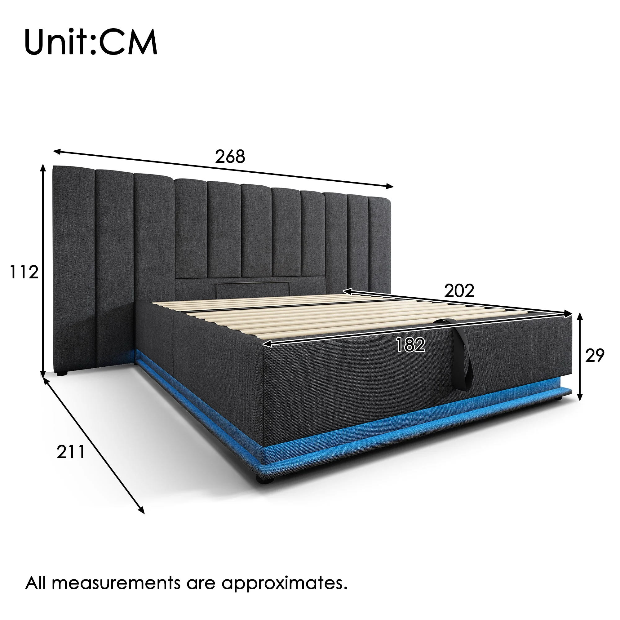Upholstered Double Bed 180x200 Storage LED USB-C Slatted Base, Linen Grey - Image 2