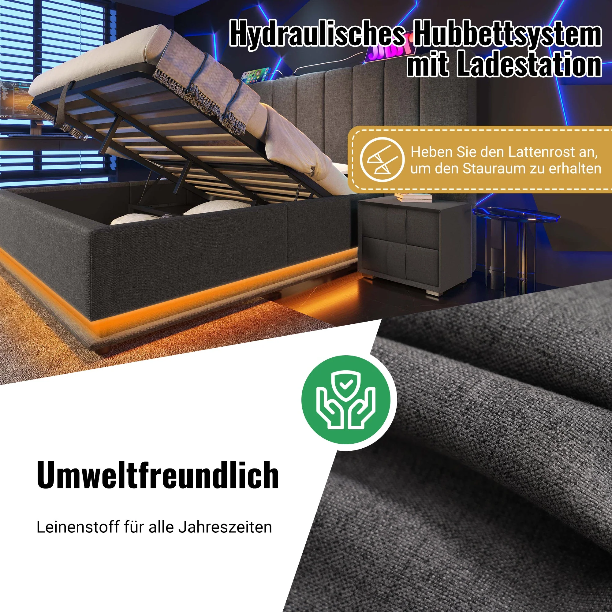 Upholstered Double Bed 180x200 Storage LED USB-C Slatted Base, Linen Grey - Image 7