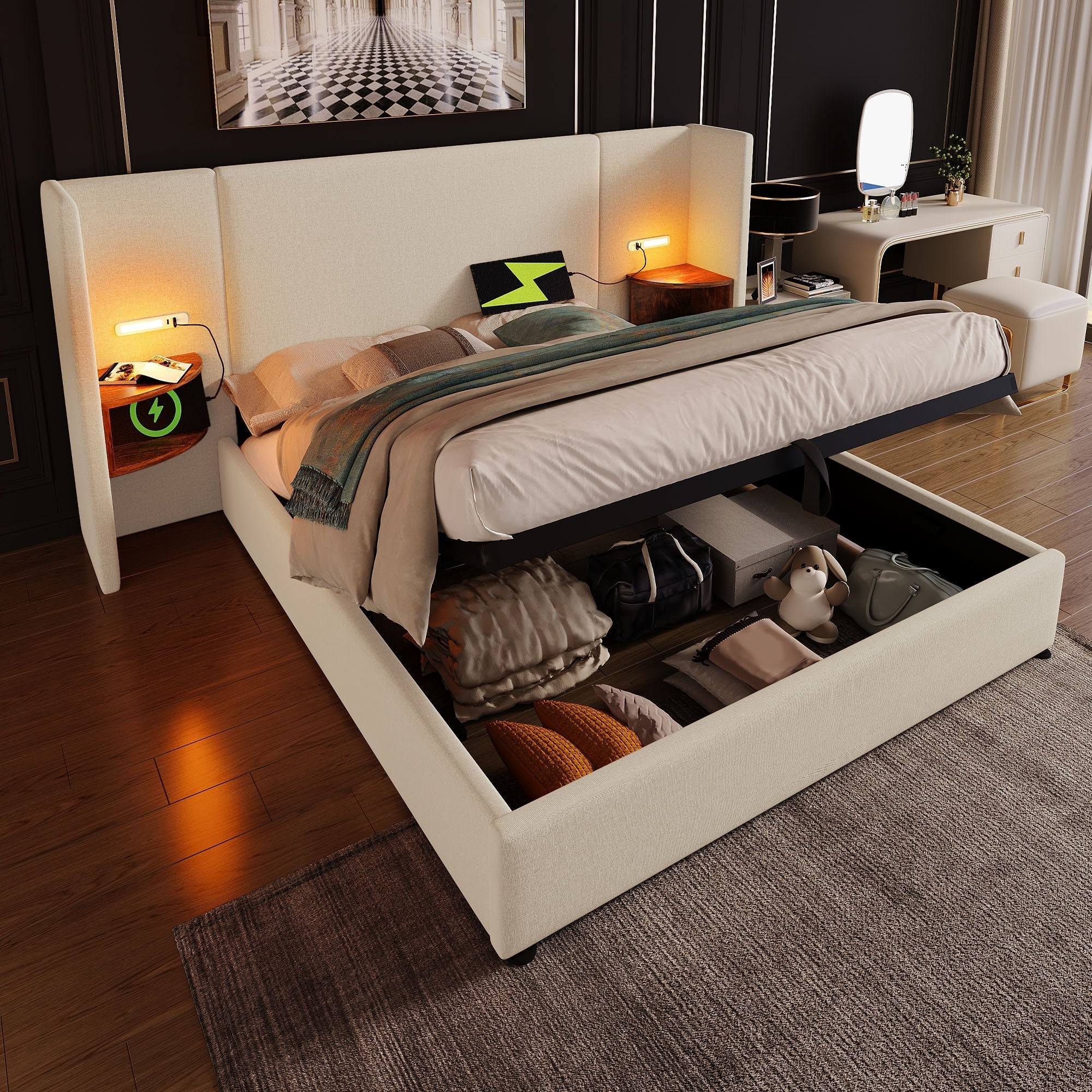 Upholstered Double Bed 180x200 with Bedside Table, Reading Lamp, USB-C Charging, Beige Linen - Image 10